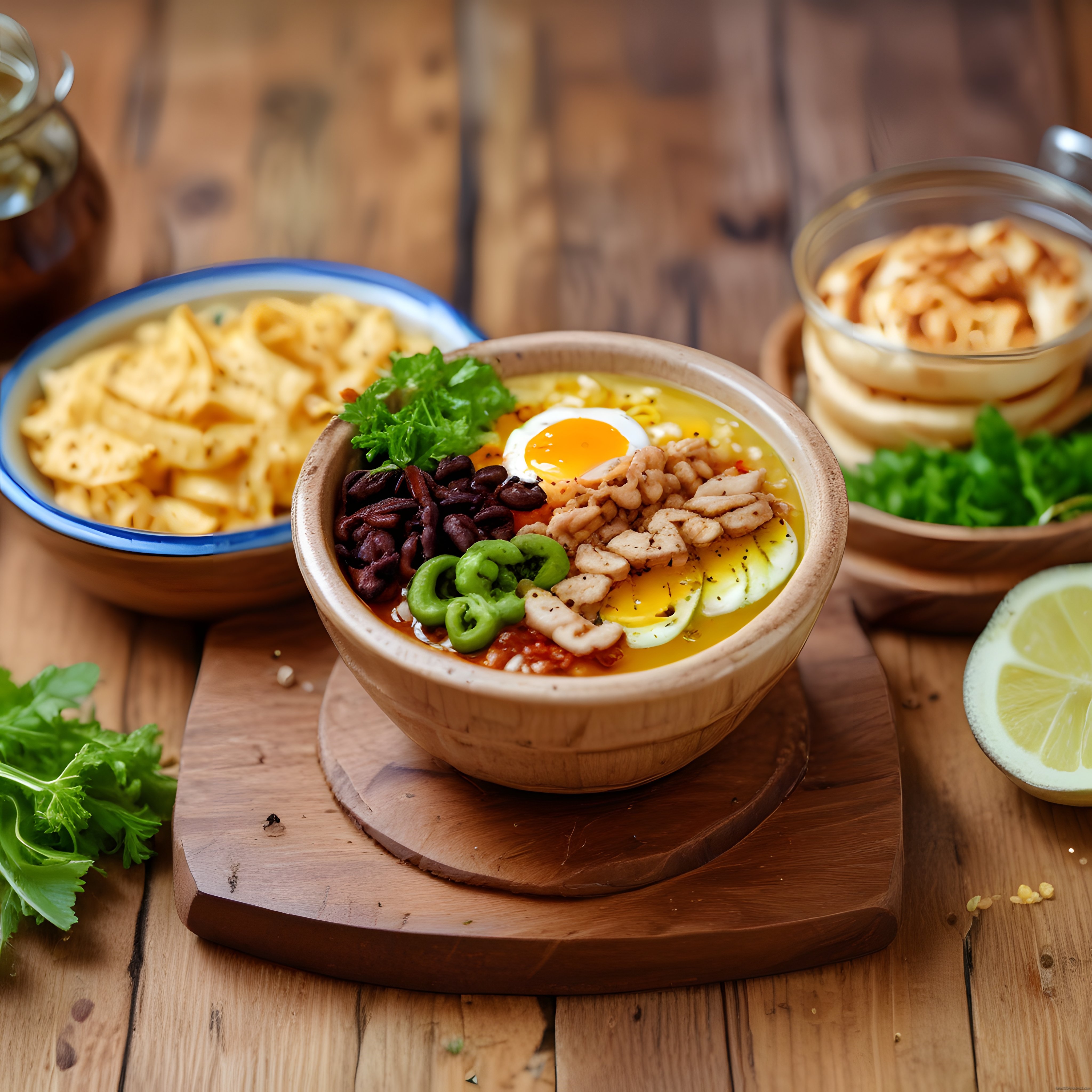 Ahşap Masada Renkli Meksika Usulü Kase Çorba ve Yanında Cips ile Humus Sunumu