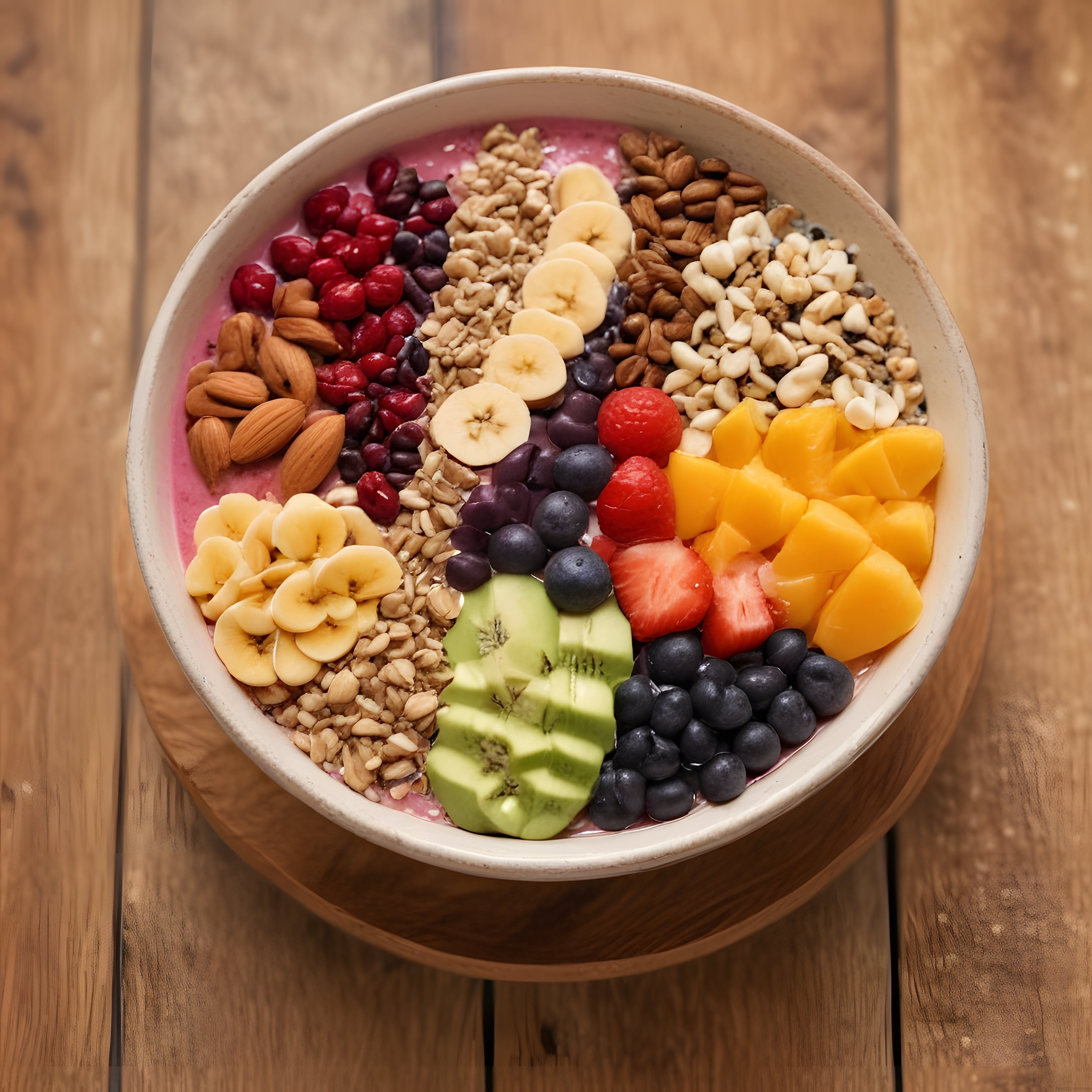 Ahşap Masada Renkli Meyveli ve Kuruyemişli Sağlıklı Smoothie Bowl