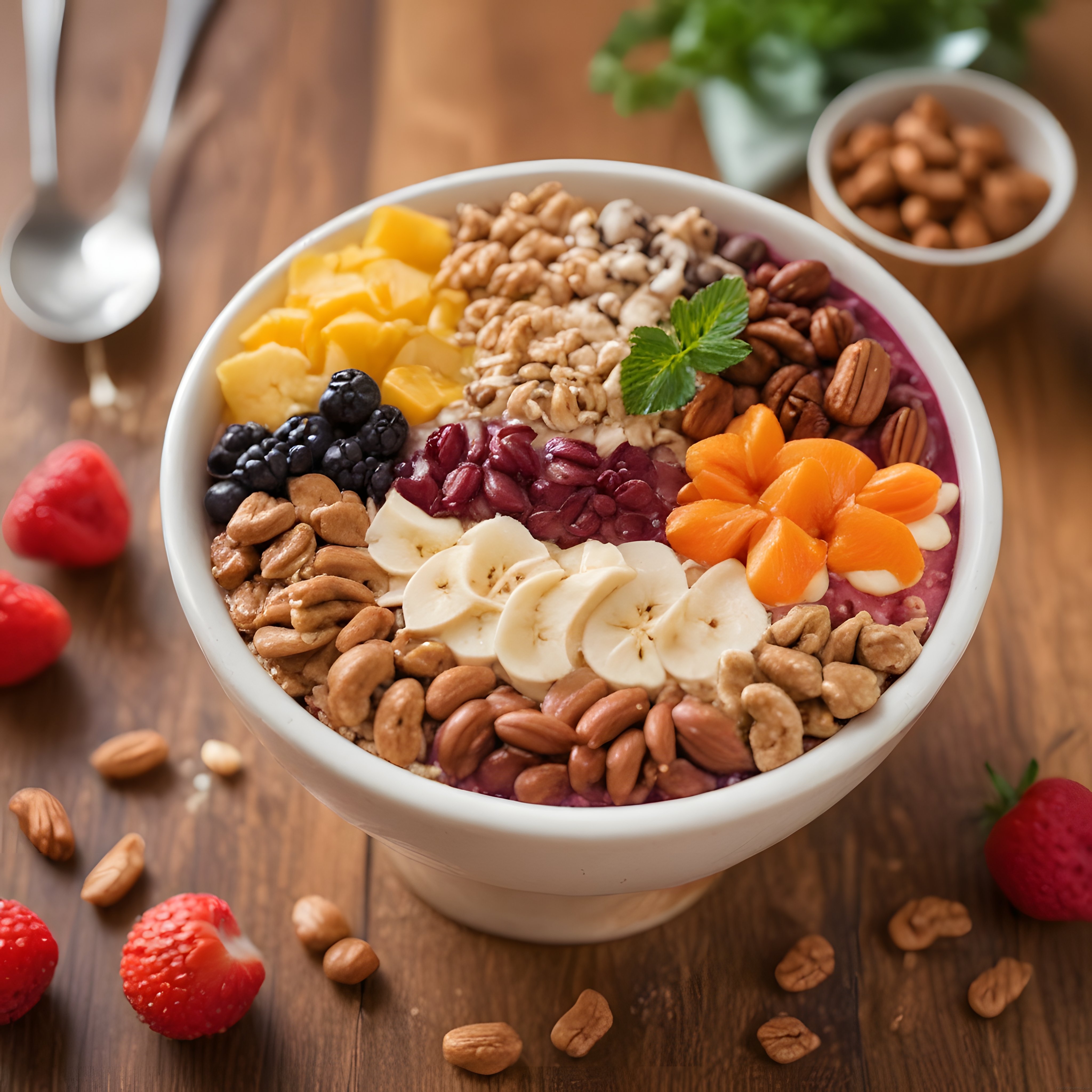 Ahşap Masada Renkli Meyveli ve Kuruyemişli Sağlıklı Smoothie Kasesi