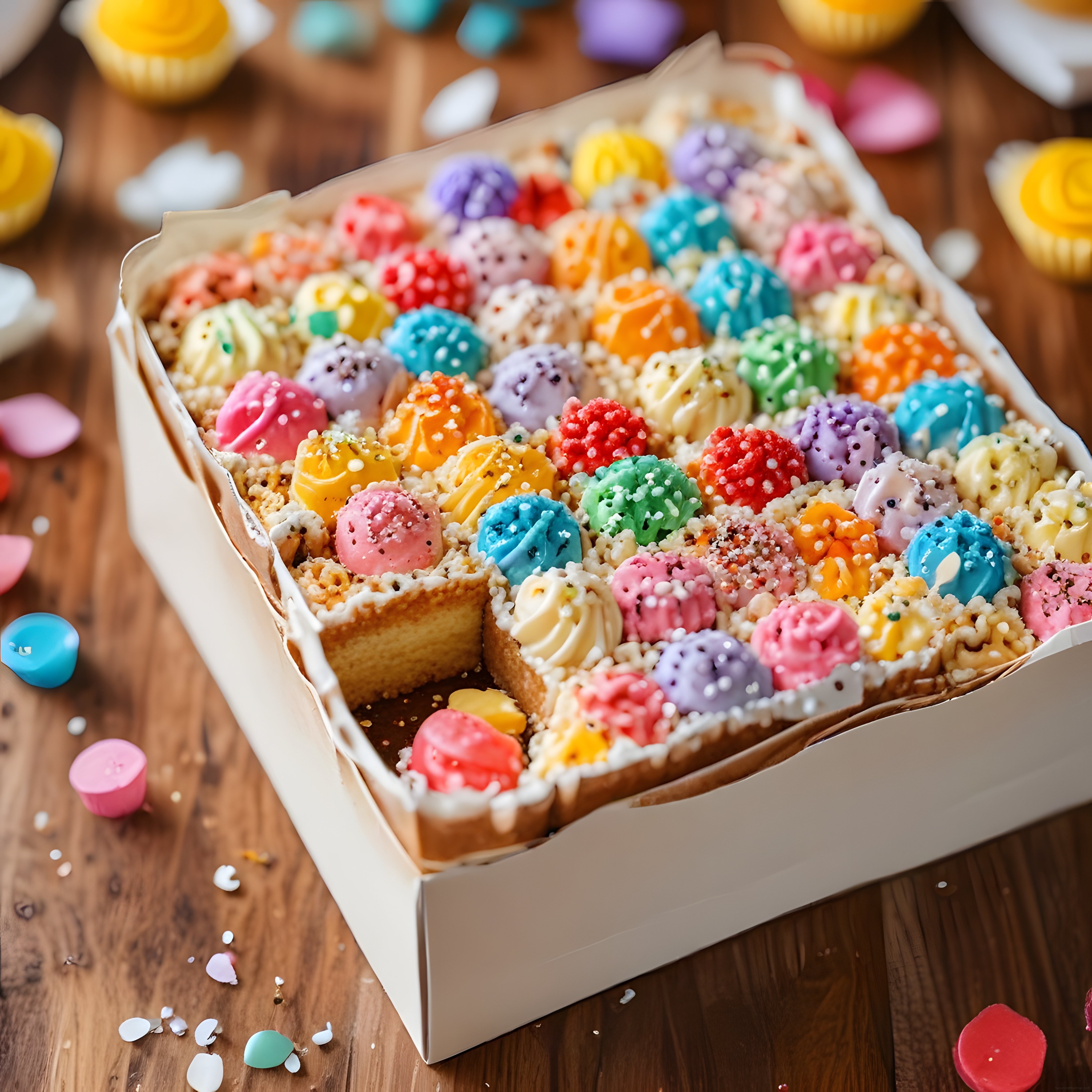 Ahşap Masada Renkli Mini Cupcake Kutusu ve Şekerli Kutlama Konfetileri