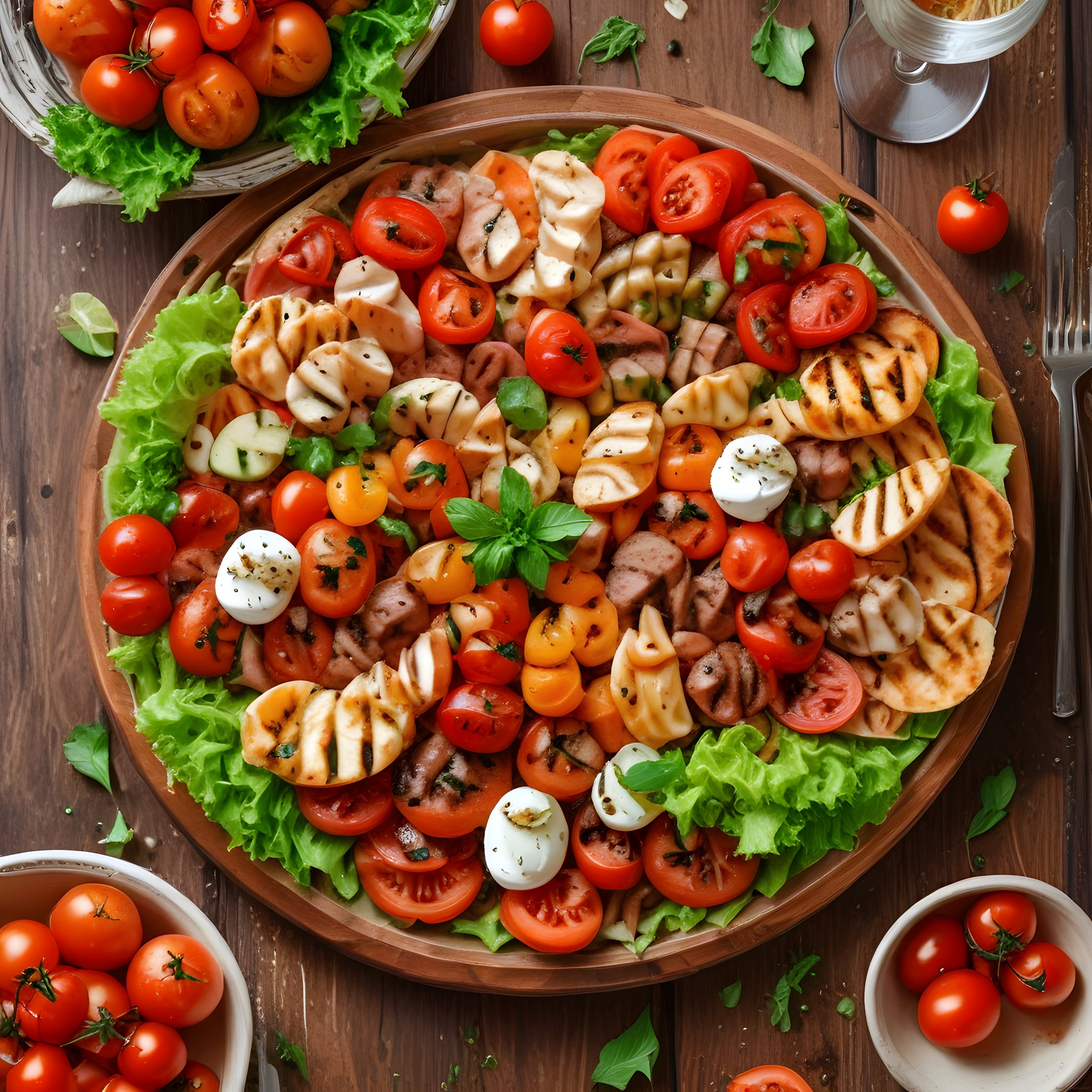 ahşap masada renkli mozzarella ve ızgara peynirli taze salata sunumu
