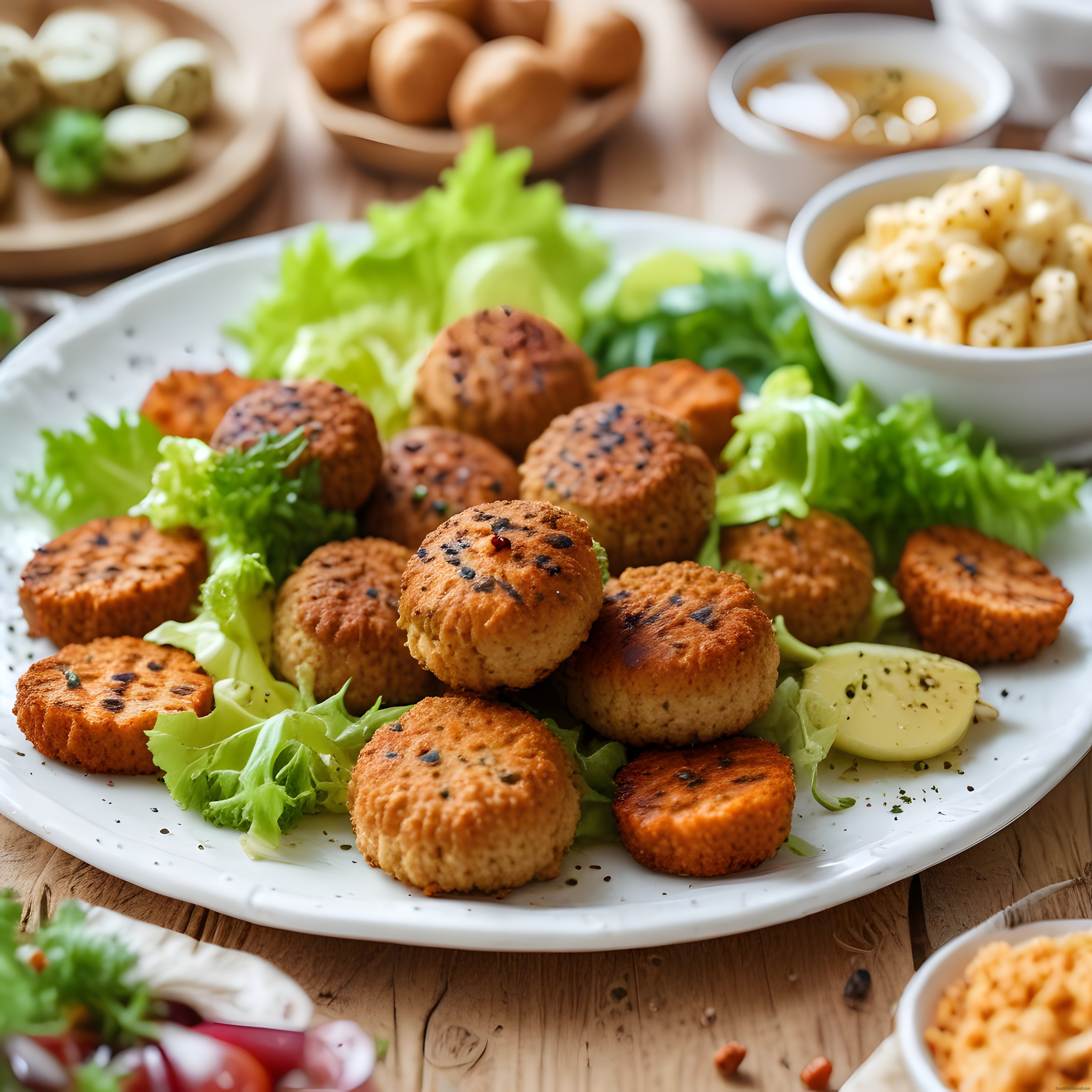 Ahşap masada renkli sebze köfteleri, taze salata ve garnitürlerle sofra