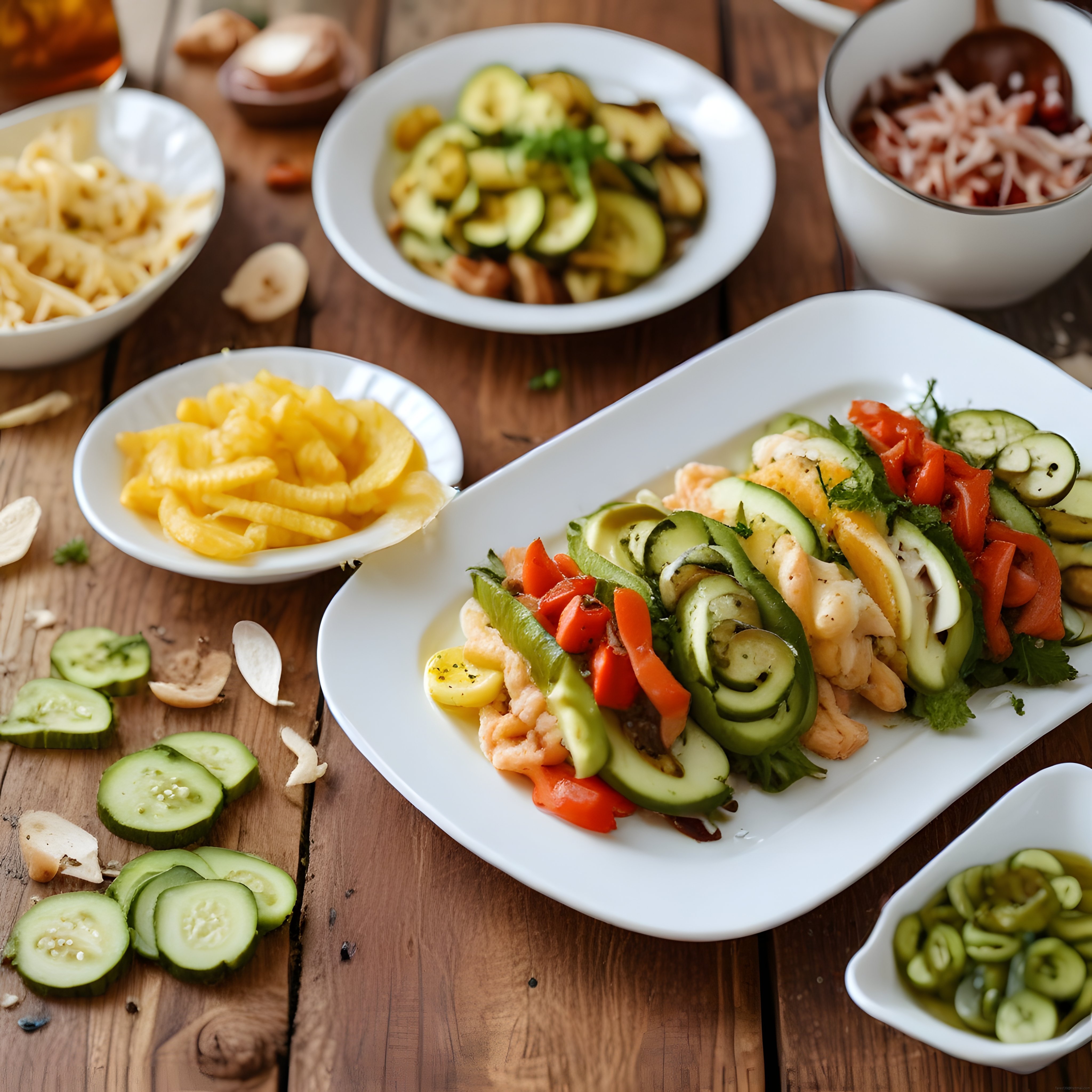 Ahşap Masada Renkli Sebze ve Karides Salatası ile Sağlıklı Mutfak Sunumu