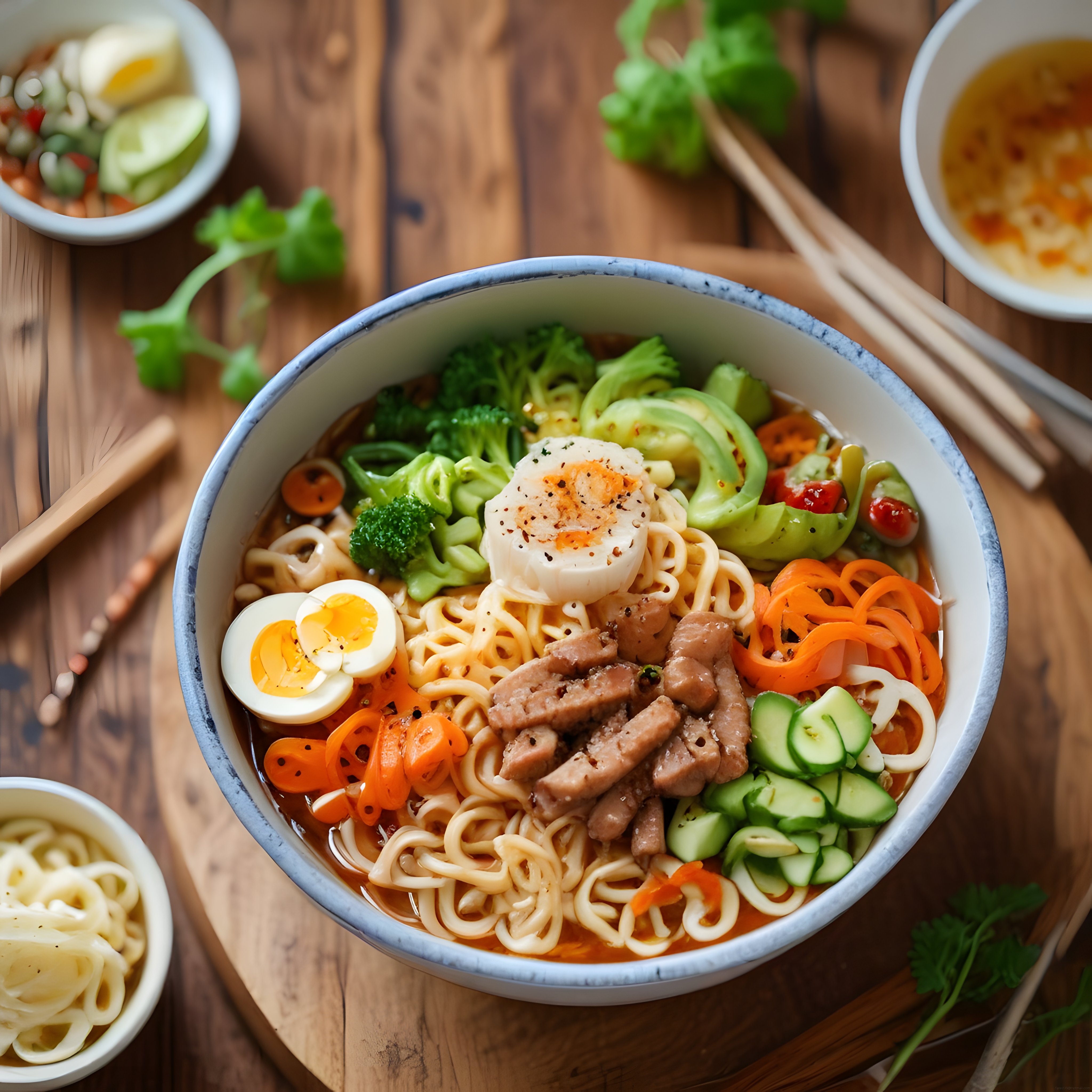 Ahşap Masada Renkli Sebzeler ve Etli Noodle Kase: Sıcak Asya Çorbası