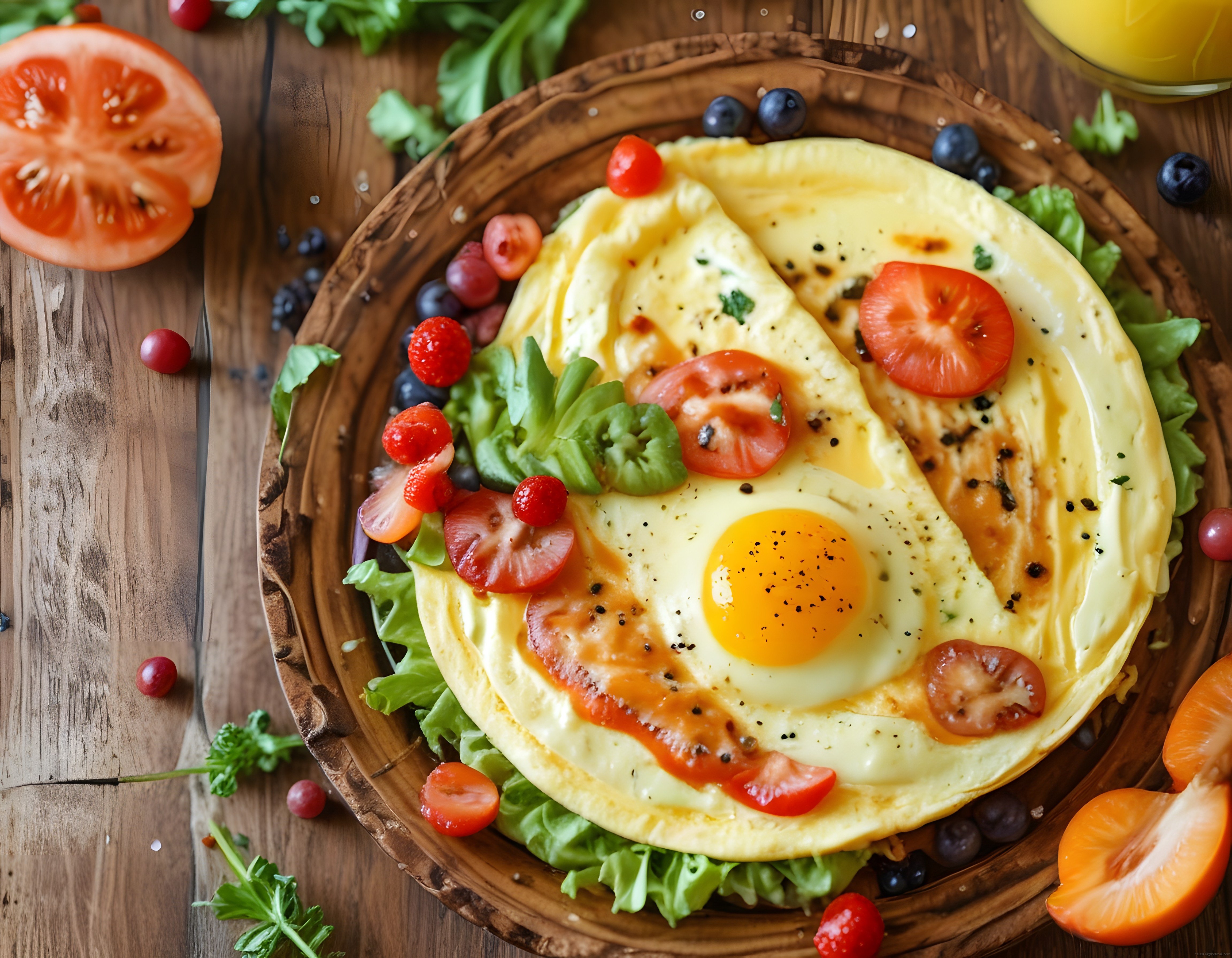 Ahşap Masada Renkli Sebzelerle Süslenmiş Leziz Omlet Kahvaltı Tabağı