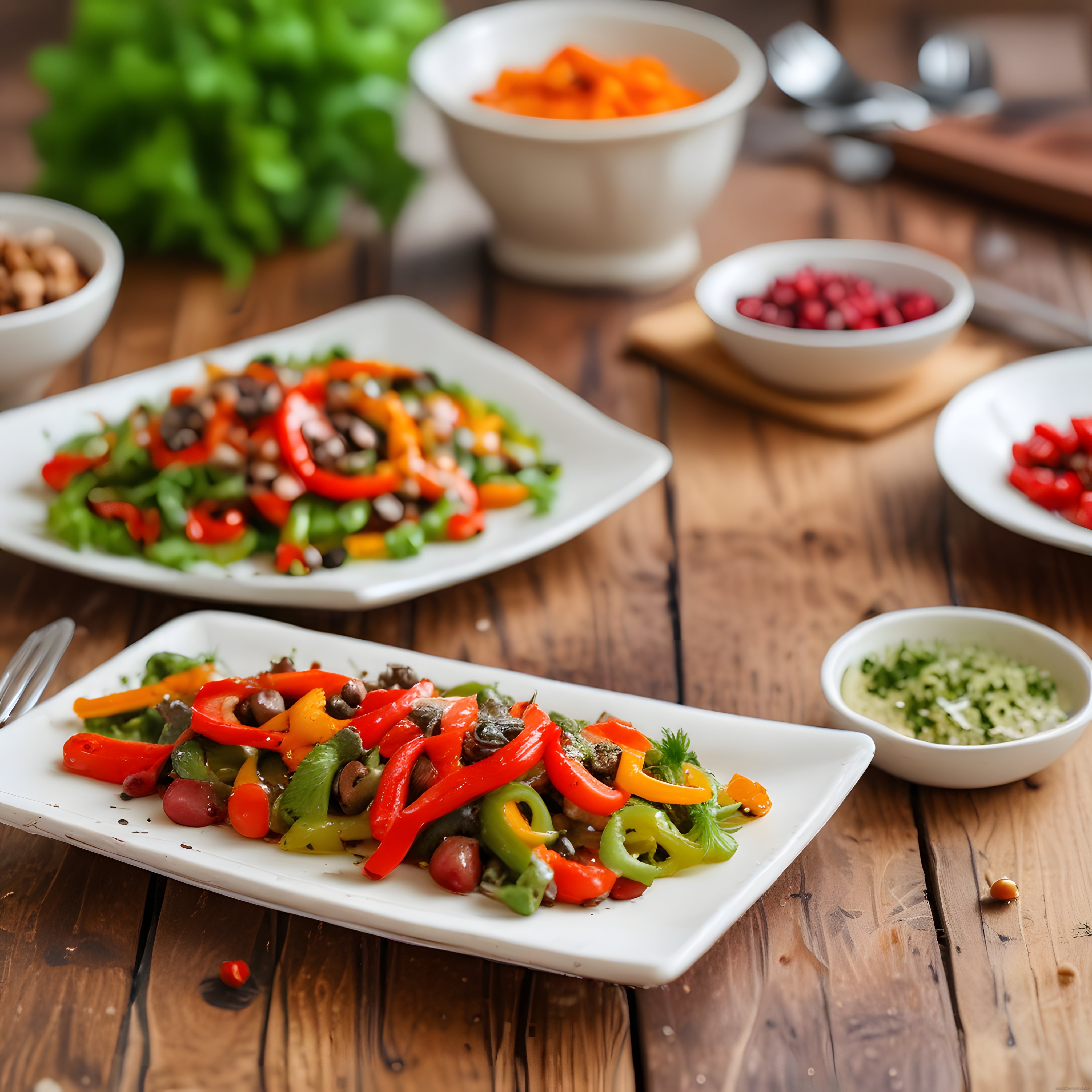 Ahşap Masada Renkli Sebzeli Bakliyat Salatası ve Sağlıklı Vegan Meze