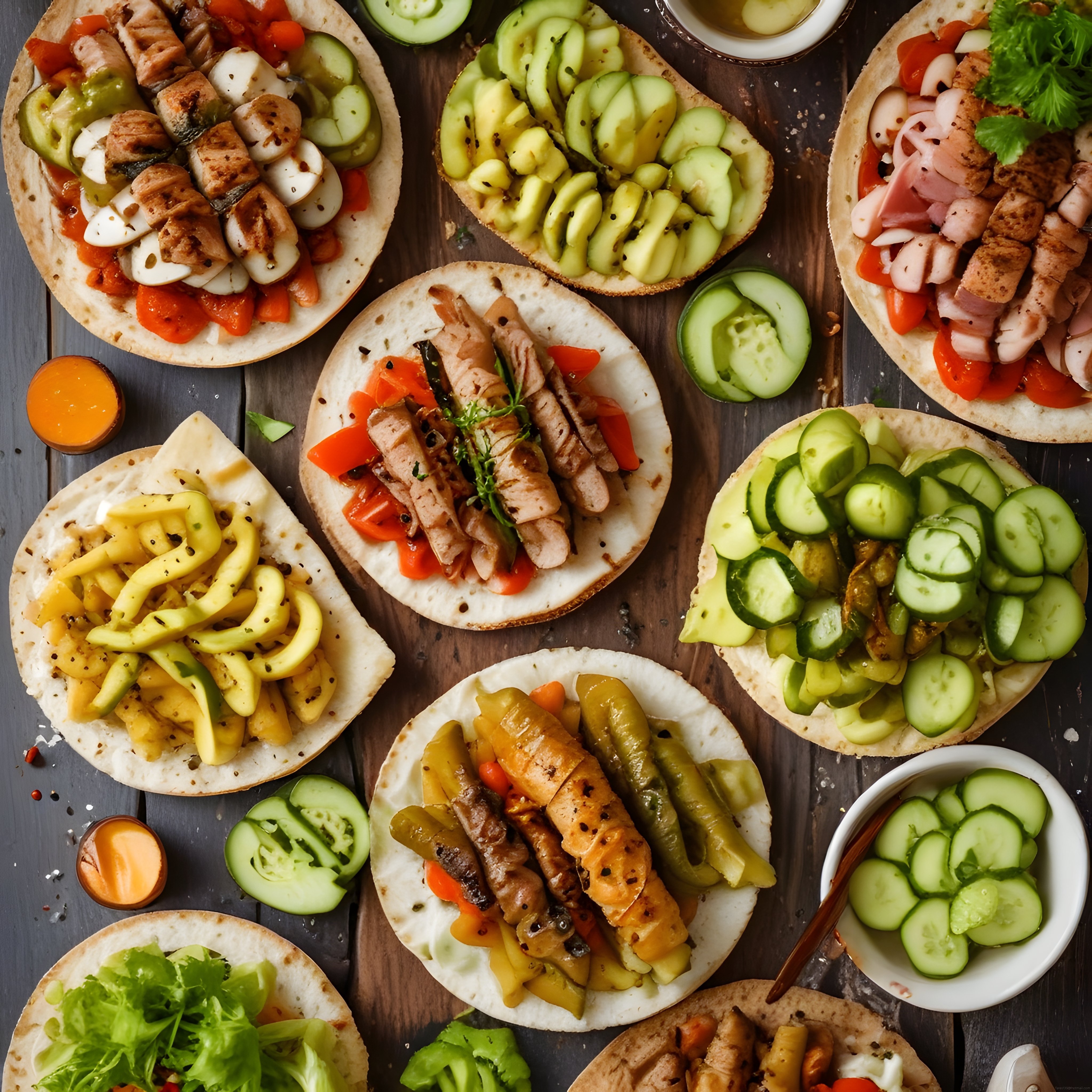Ahşap Masada Renkli Sebzeli Etli Tortilla Tabanlı Sağlıklı Atıştırmalıklar