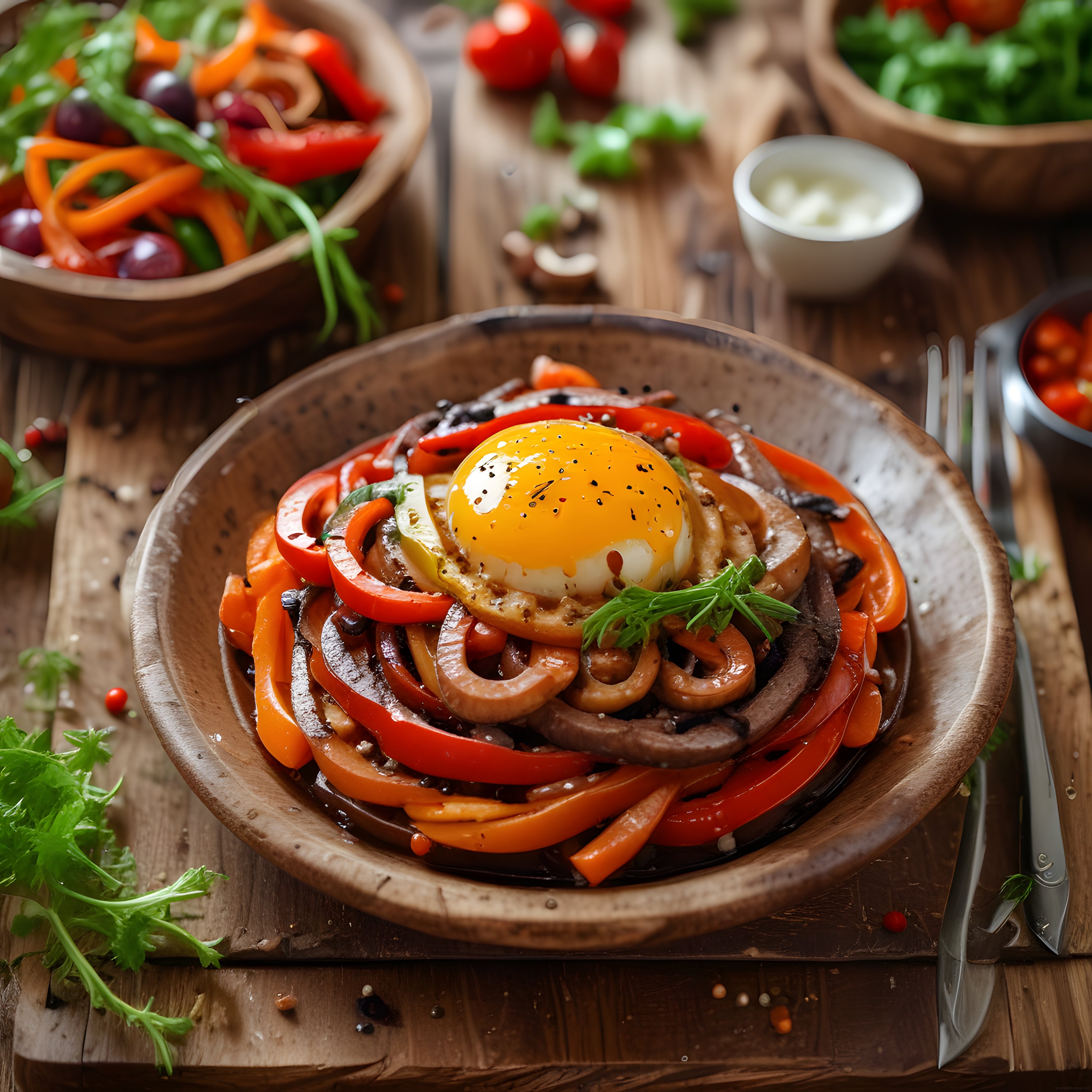 Ahşap Masada Renkli Sebzeli Mantarlı Yumurtalı Sağlıklı Kase Yemeği