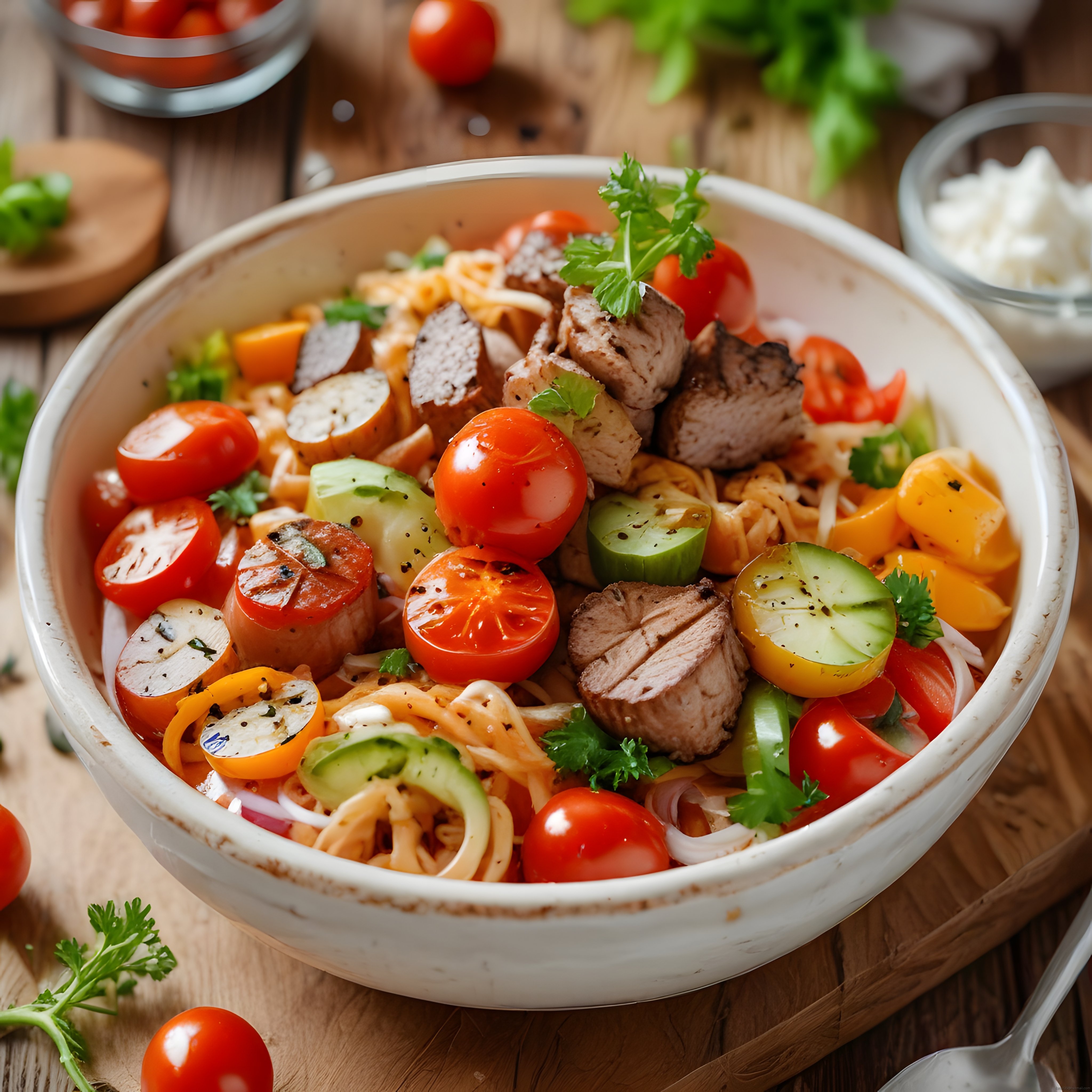Ahşap Masada Renkli Sebzeli ve Izgaralı Etli Noodle Kase Tarifi Görseli
