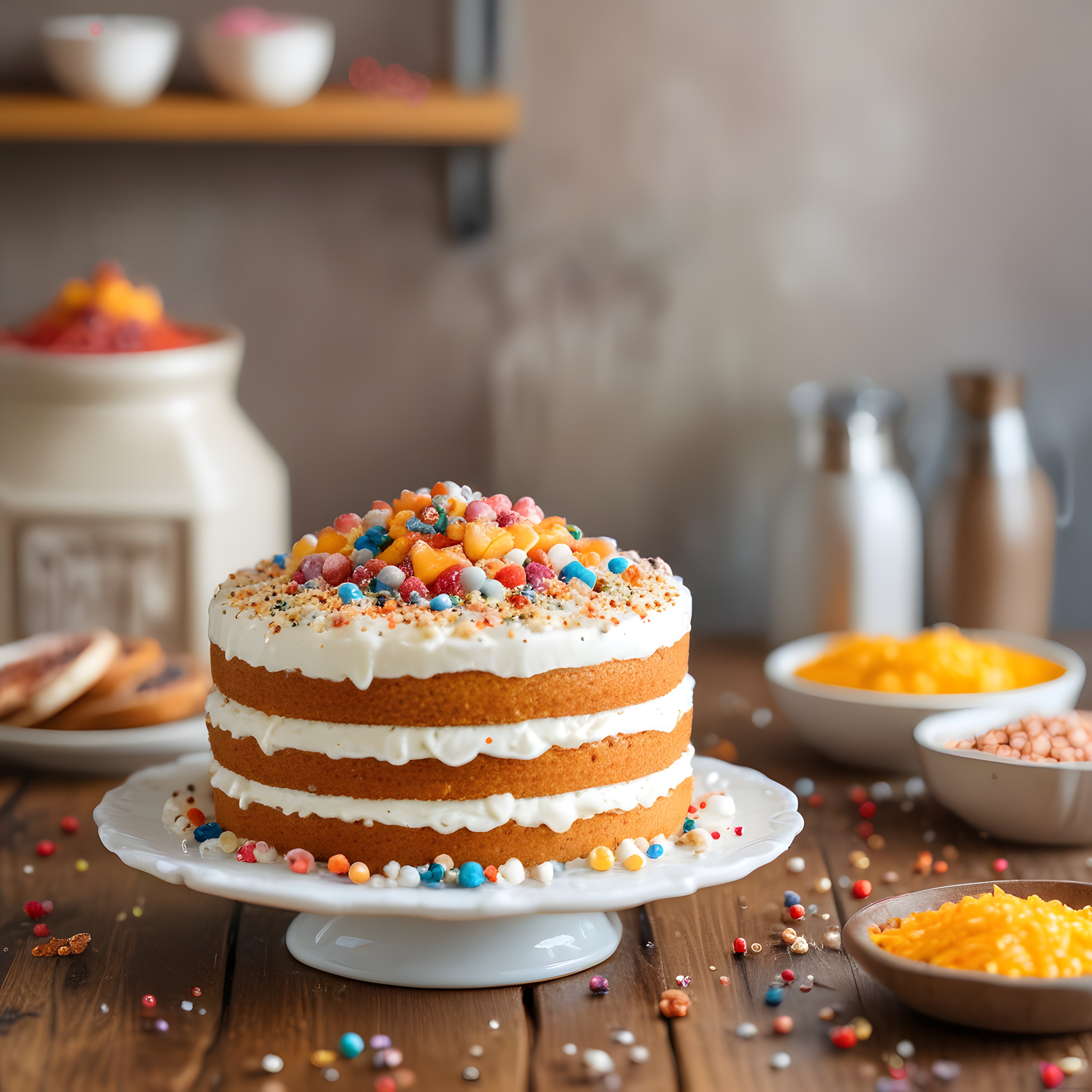 Ahşap Masada Renkli Şekerlemeli ve Meyveli Üç Katlı Naked Cake Pastası