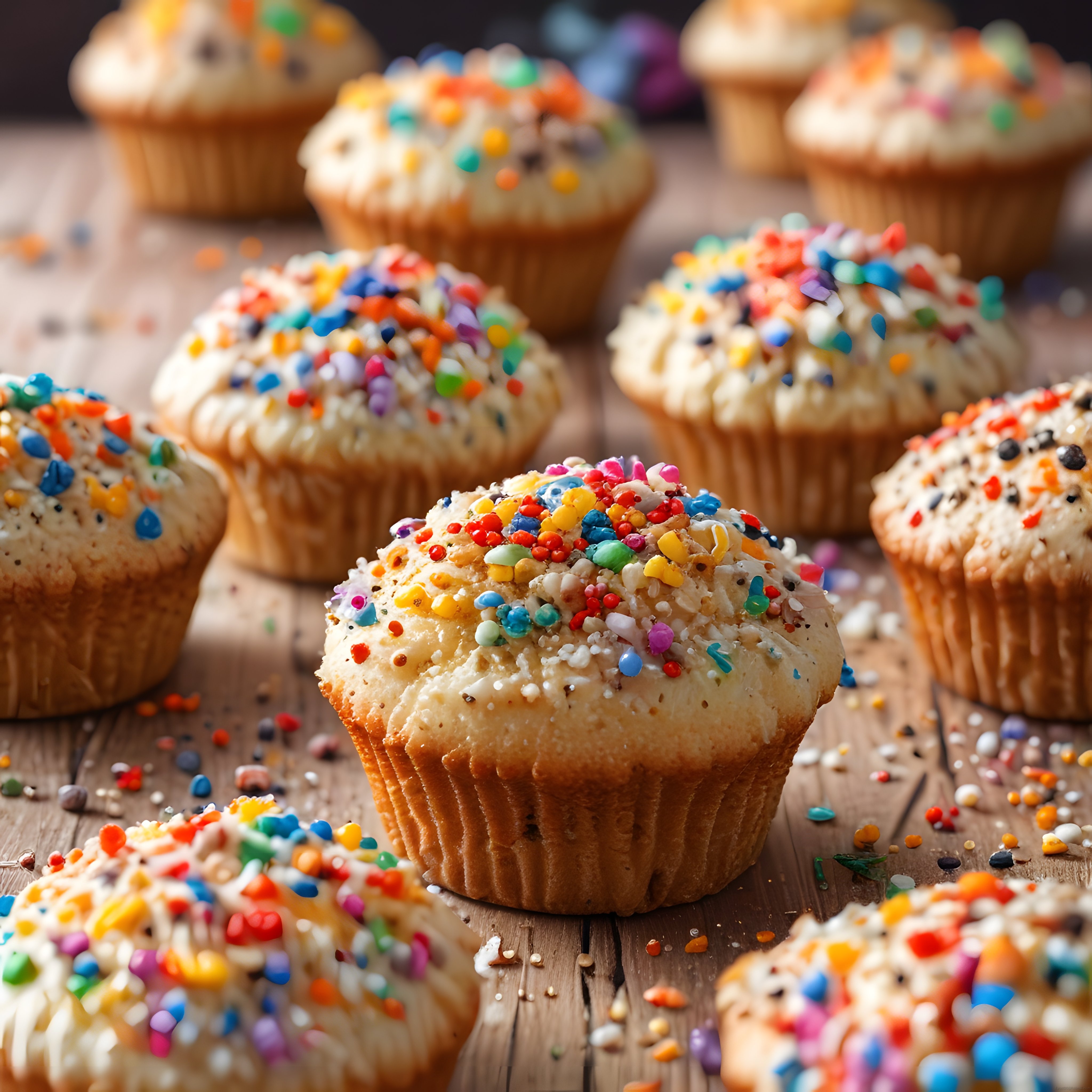 Ahşap Masada Renkli Serpintili Cupcake'ler: Neşeli Tatlı Sunumu