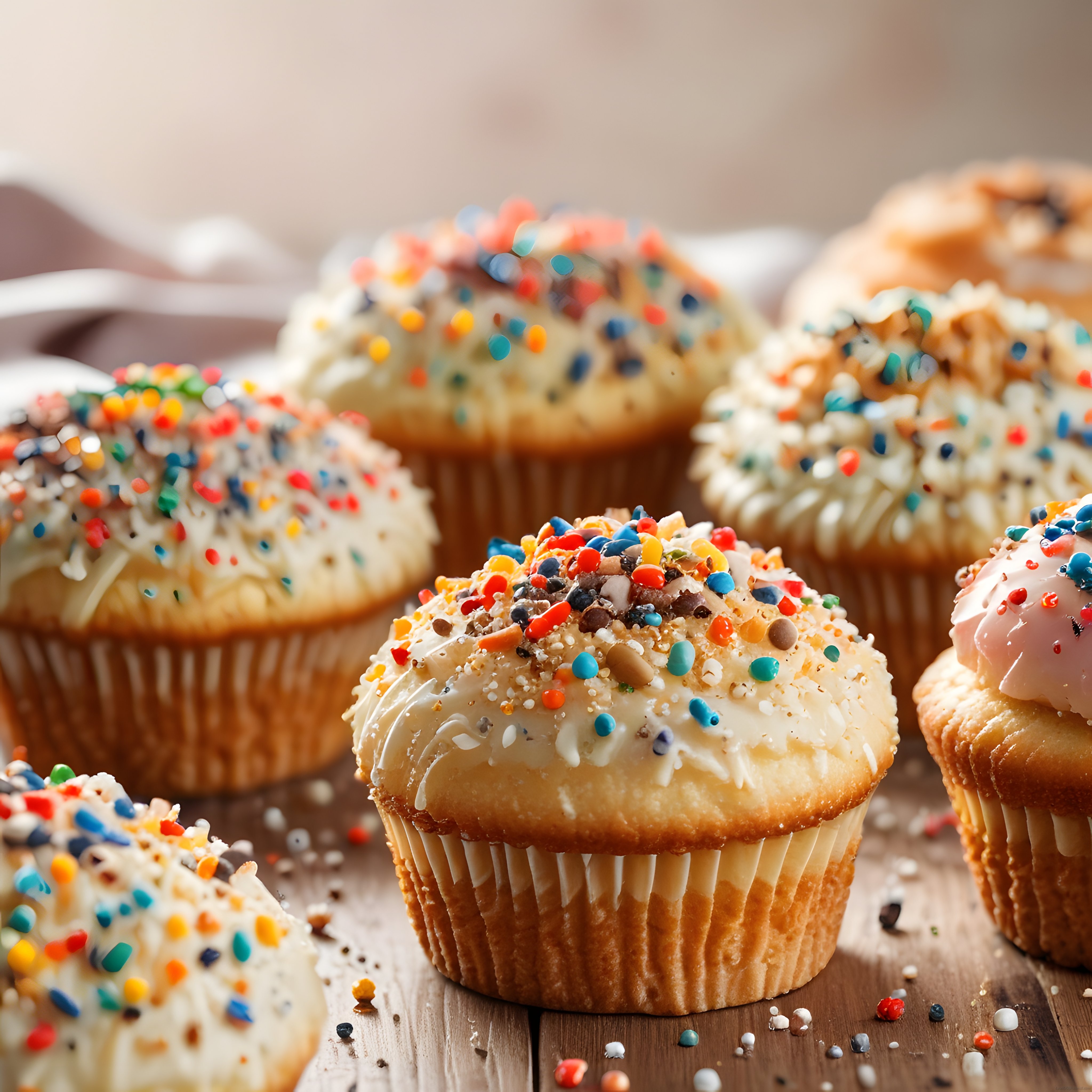 Ahşap Masada Renkli Sprinkle'lı Cupcake'ler: Tatlı ve Eğlenceli Atıştırmalık