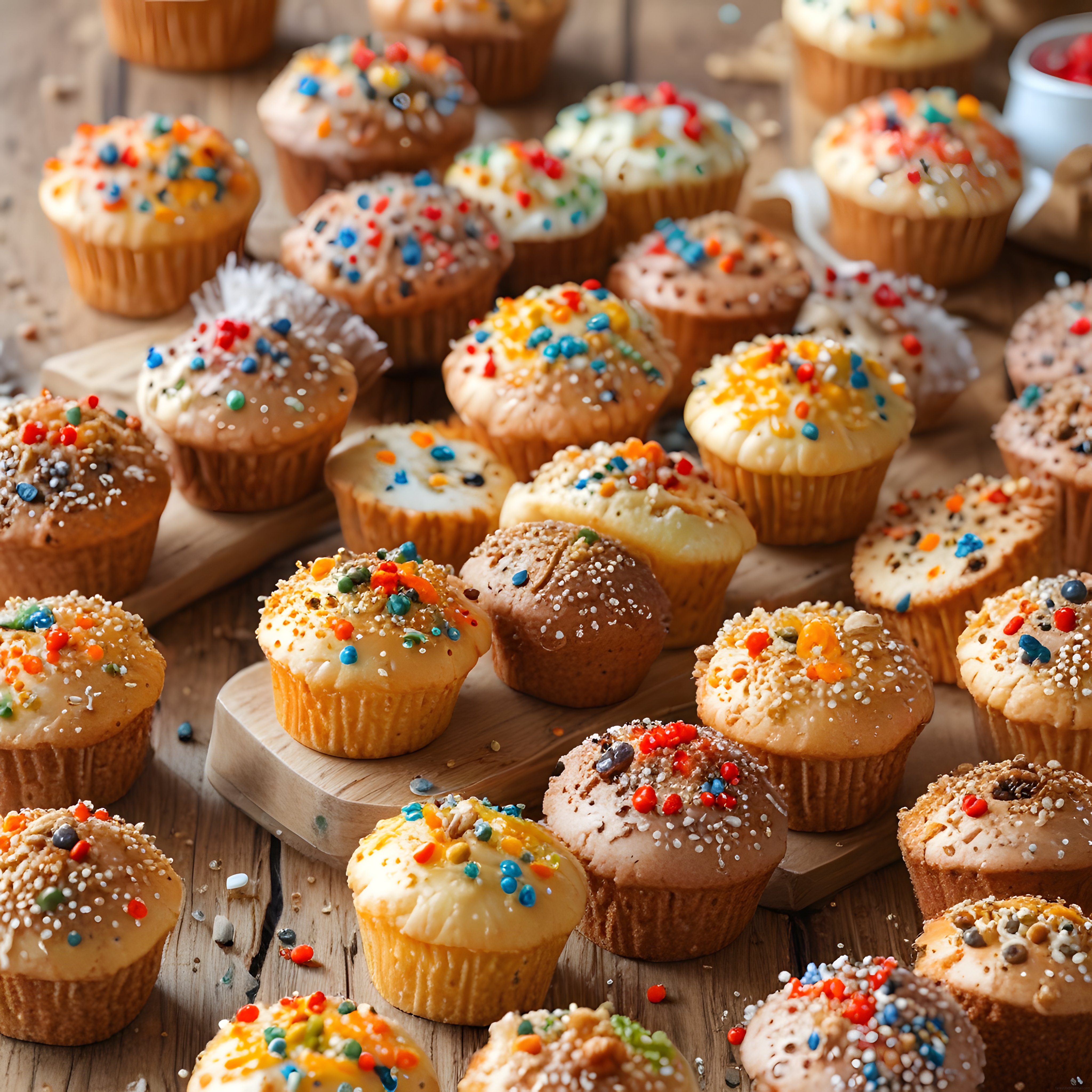 Ahşap Masada Renkli Süslemeli Cupcake Koleksiyonu: Tatlı ve Davetkar