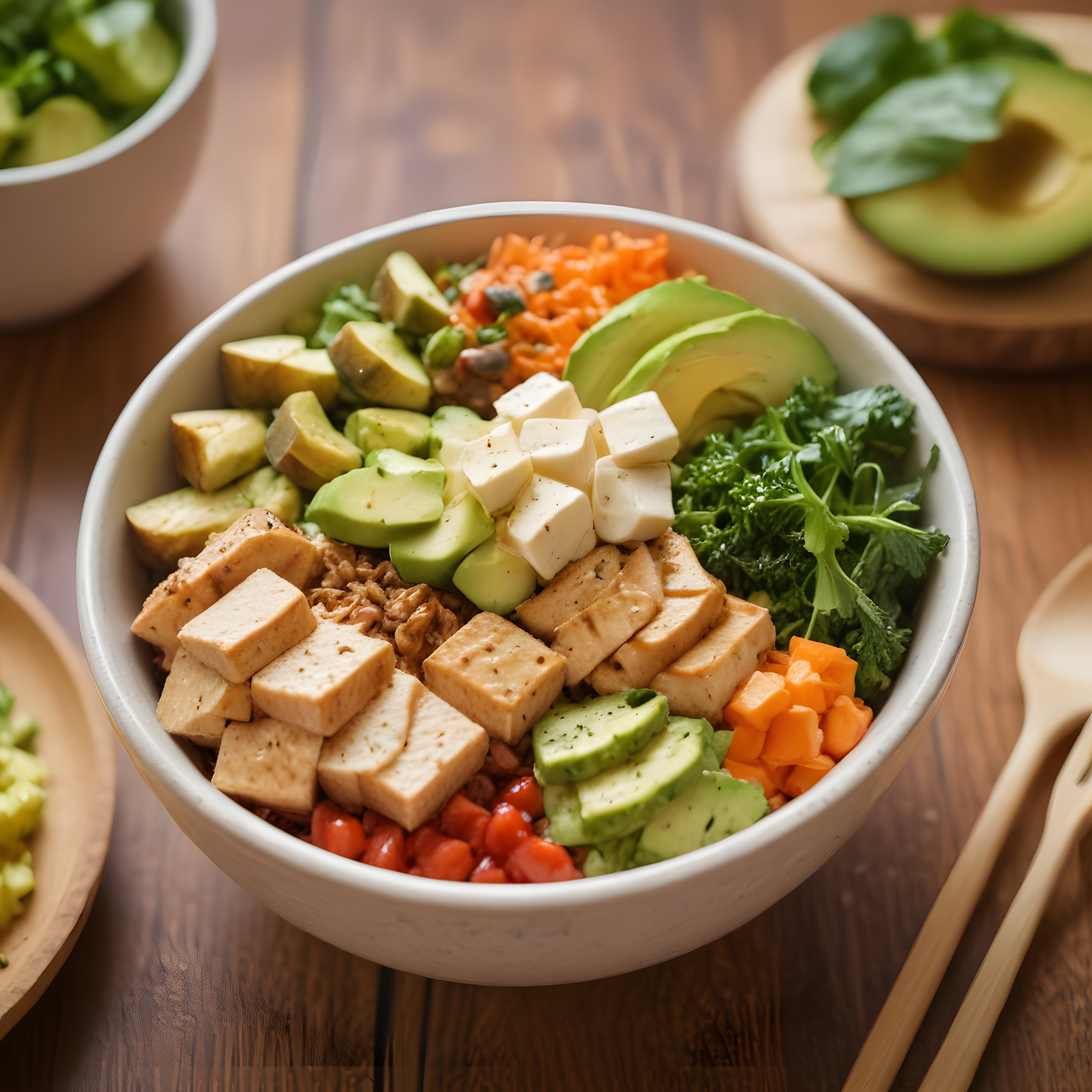Ahşap Masada Renkli Vegan Protein Kasesi: Tofu, Avokado ve Yeşillikler