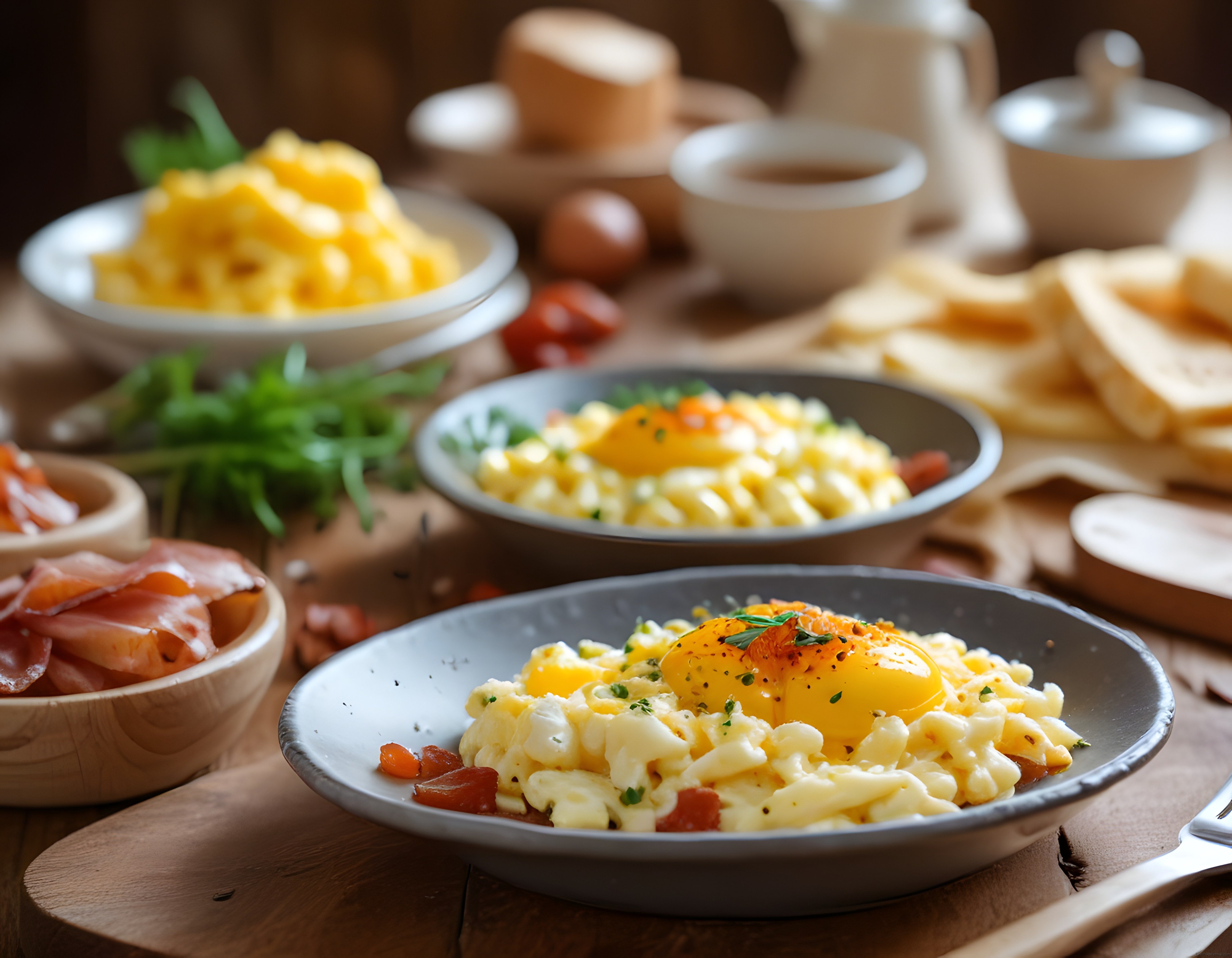 Ahşap masada rustik kahvaltı: yumurta, jambon ve roka ile lezzetli brunch
