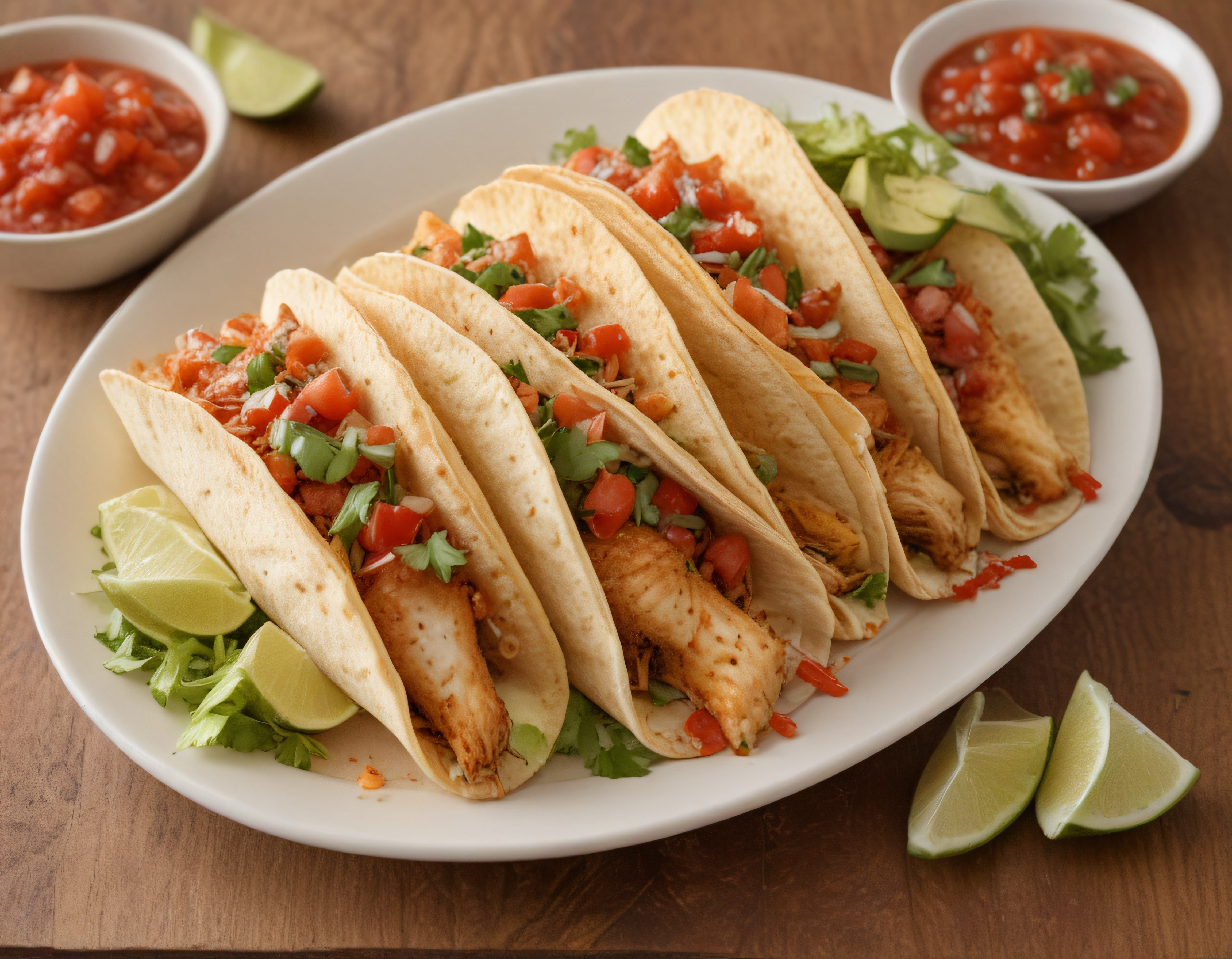 Ahşap Masada Salsa Soslu Tavuklu Taco Sunumu ve Meksika Lezzetleri