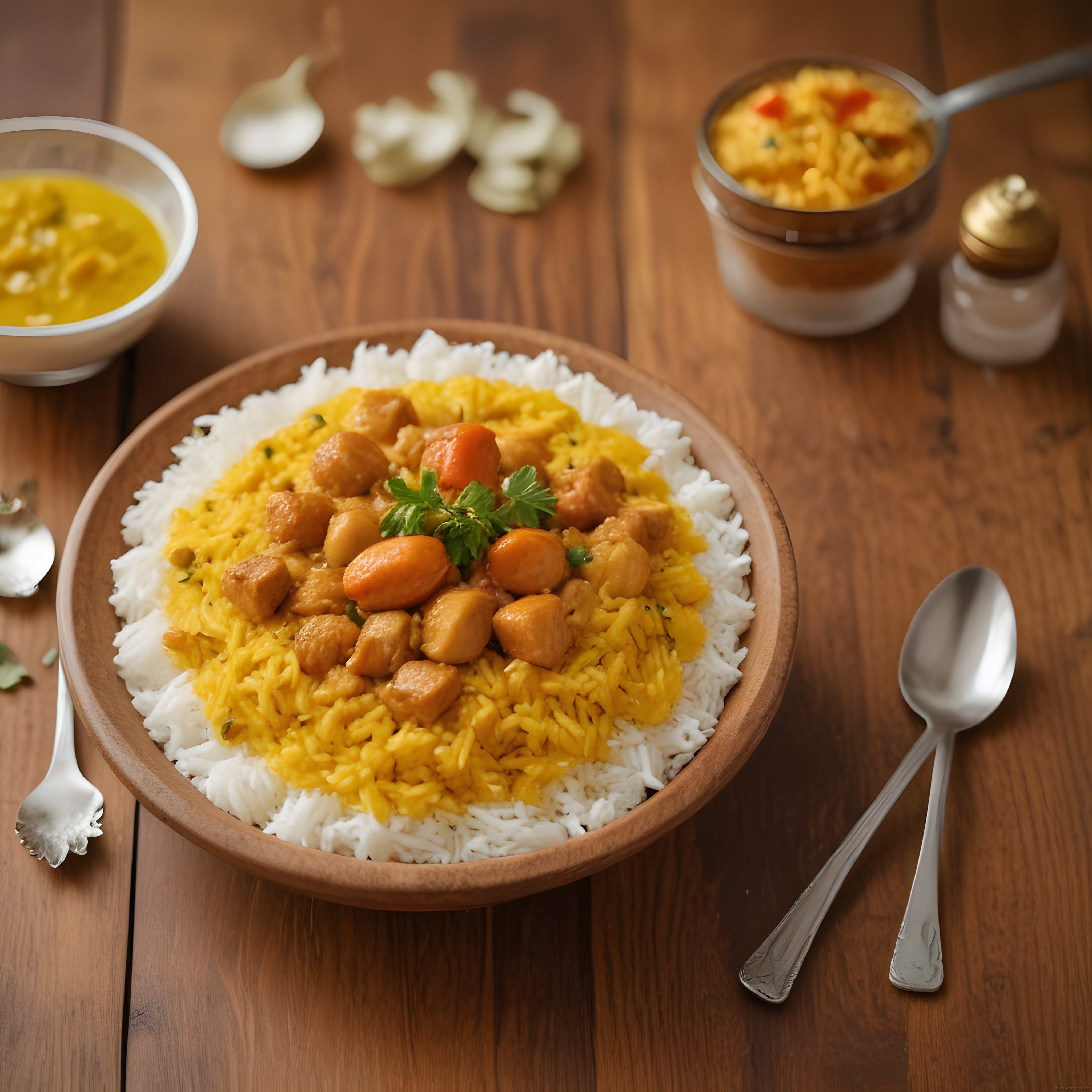 Ahşap masada sarı soslu tavuklu nohutlu pilav ve yanında yan lezzetler