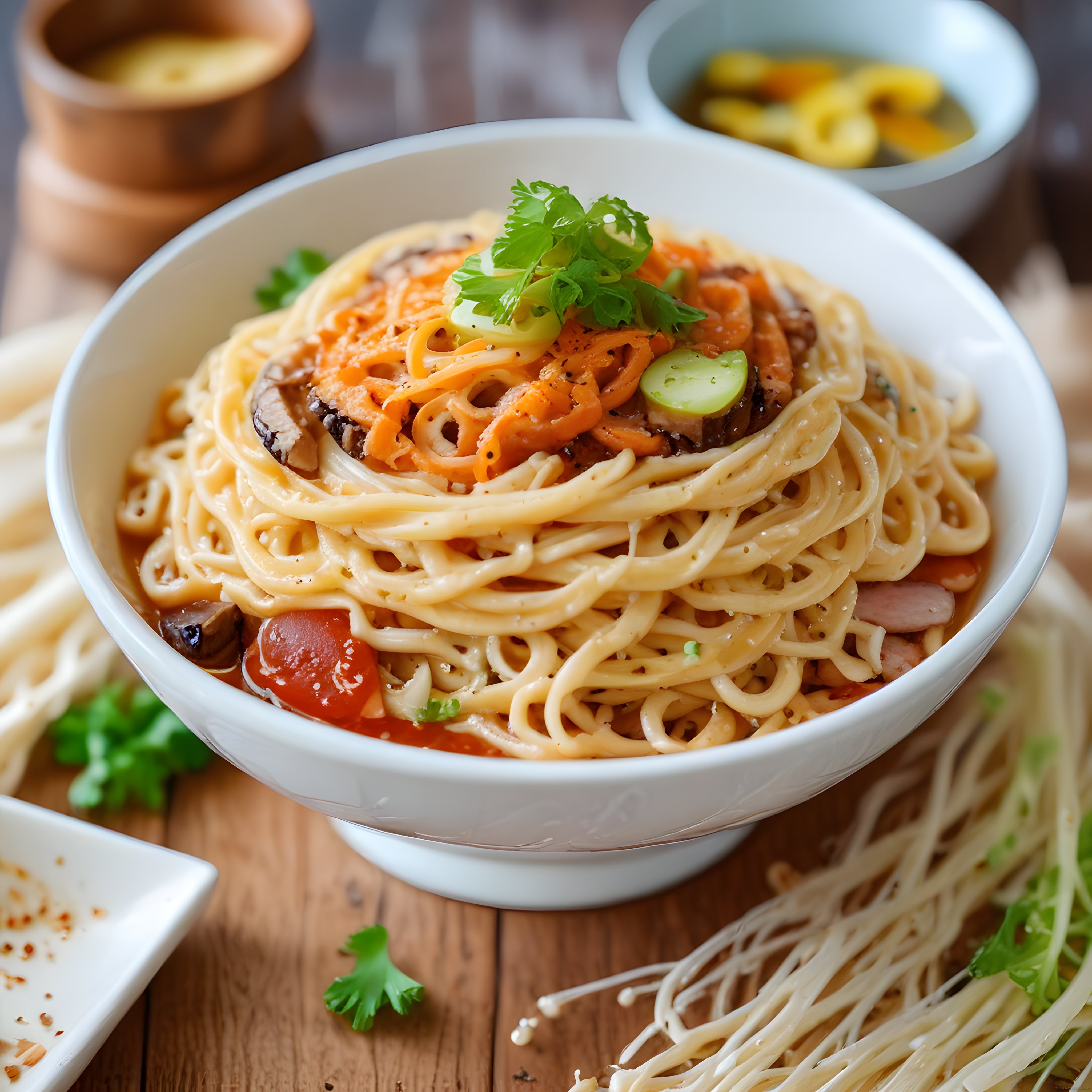Ahşap Masada Sebzeli Mantarlı Noodle Kasesi: Asya Makarna Tarifi