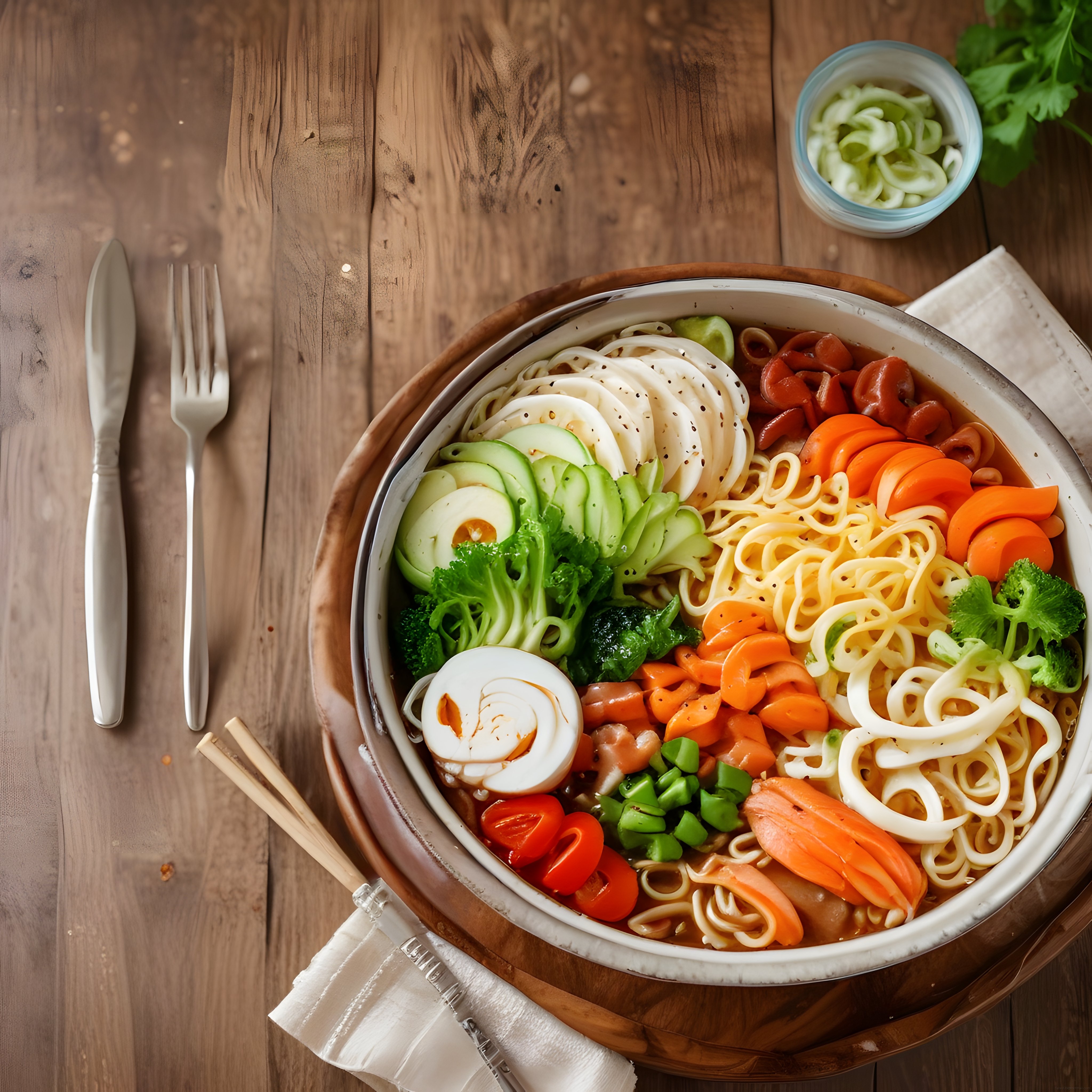 Ahşap Masada Sebzeli Noodle Kasesi: Asya Mutfağından Doyurucu Lezzet