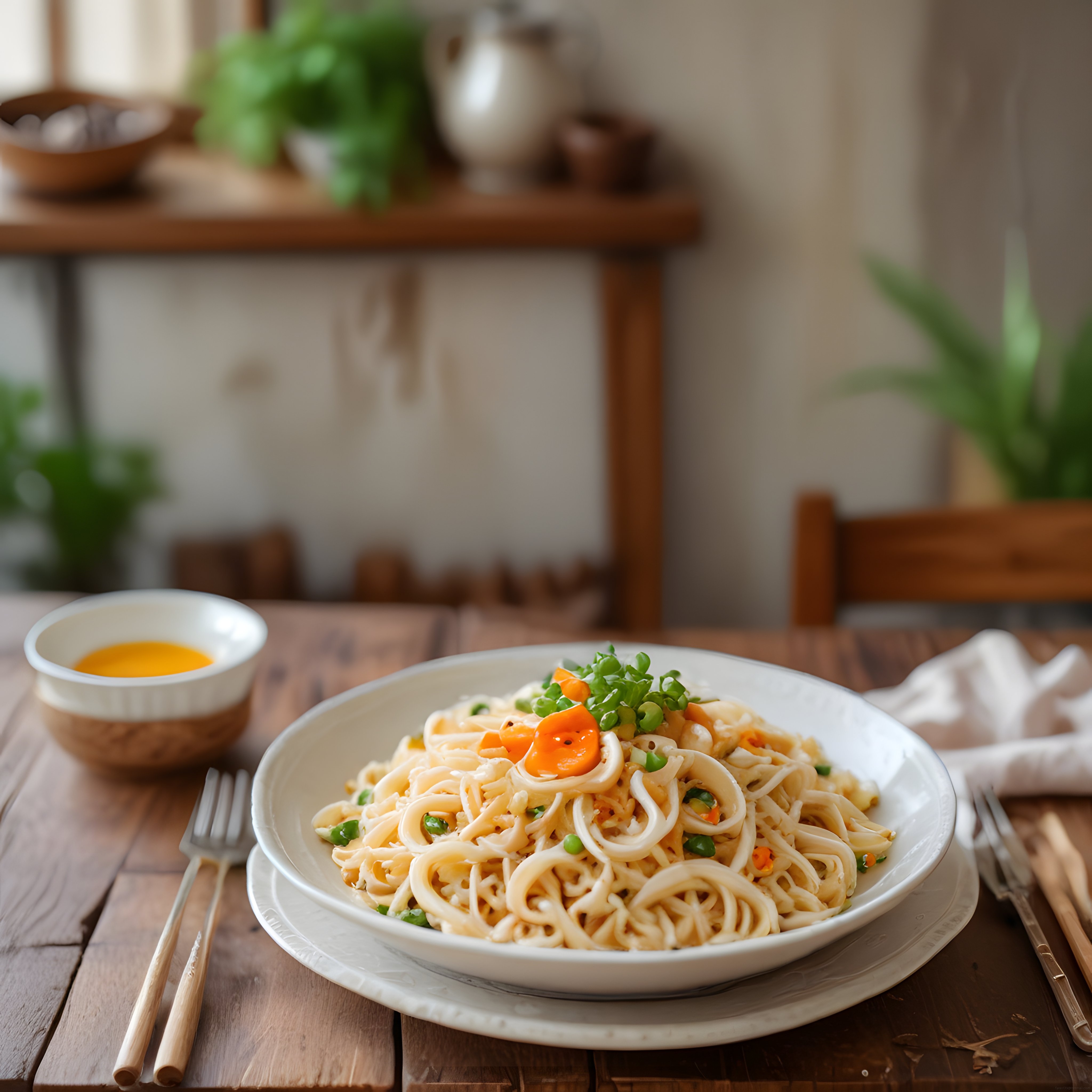 Ahşap Masada Sebzeli Noodle Kasesi: Sıcak ve Ev Yapımı Asya Esintisi