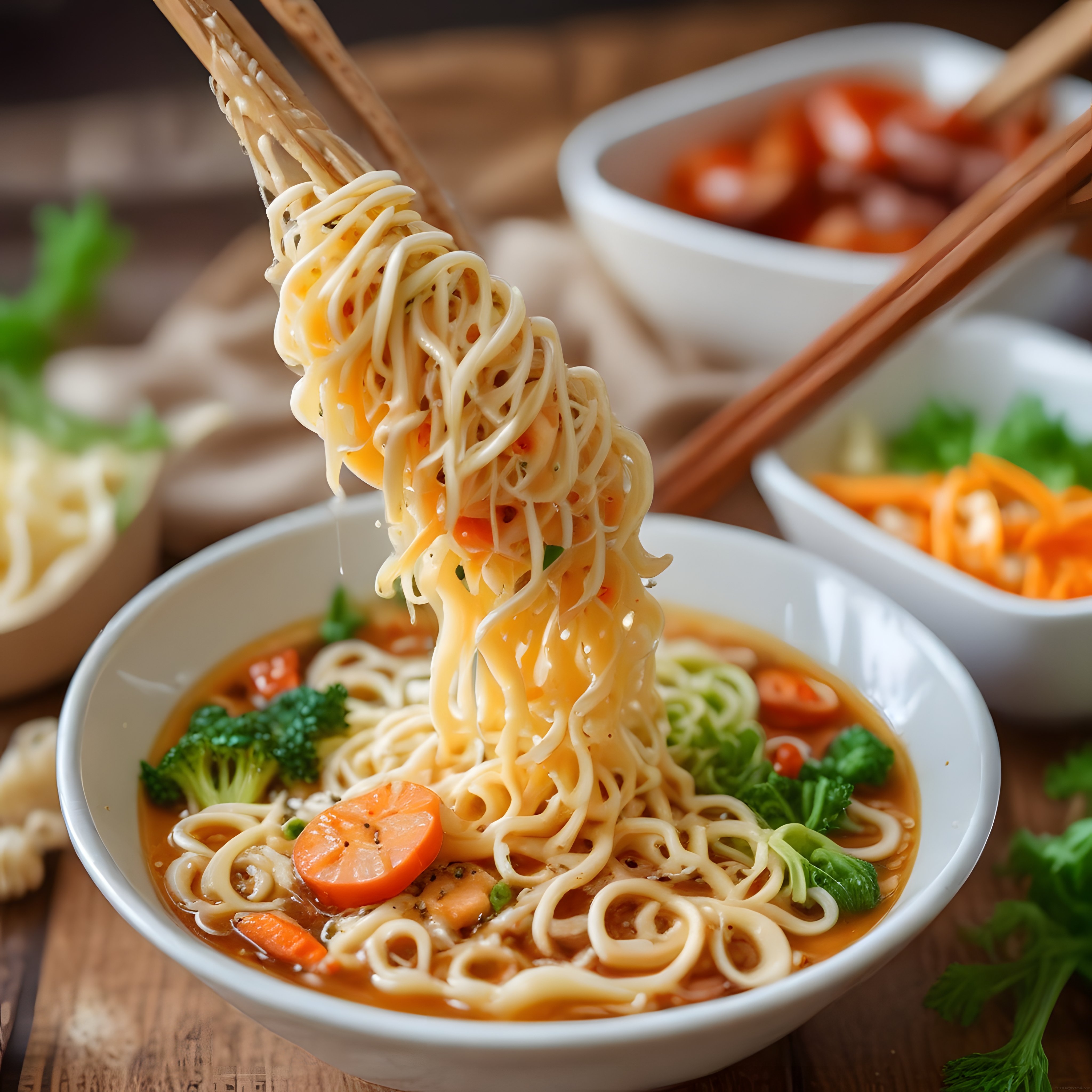 Ahşap masada sebzeli noodle kasesi ve çubuklarla kaldırılan sıcak erişte