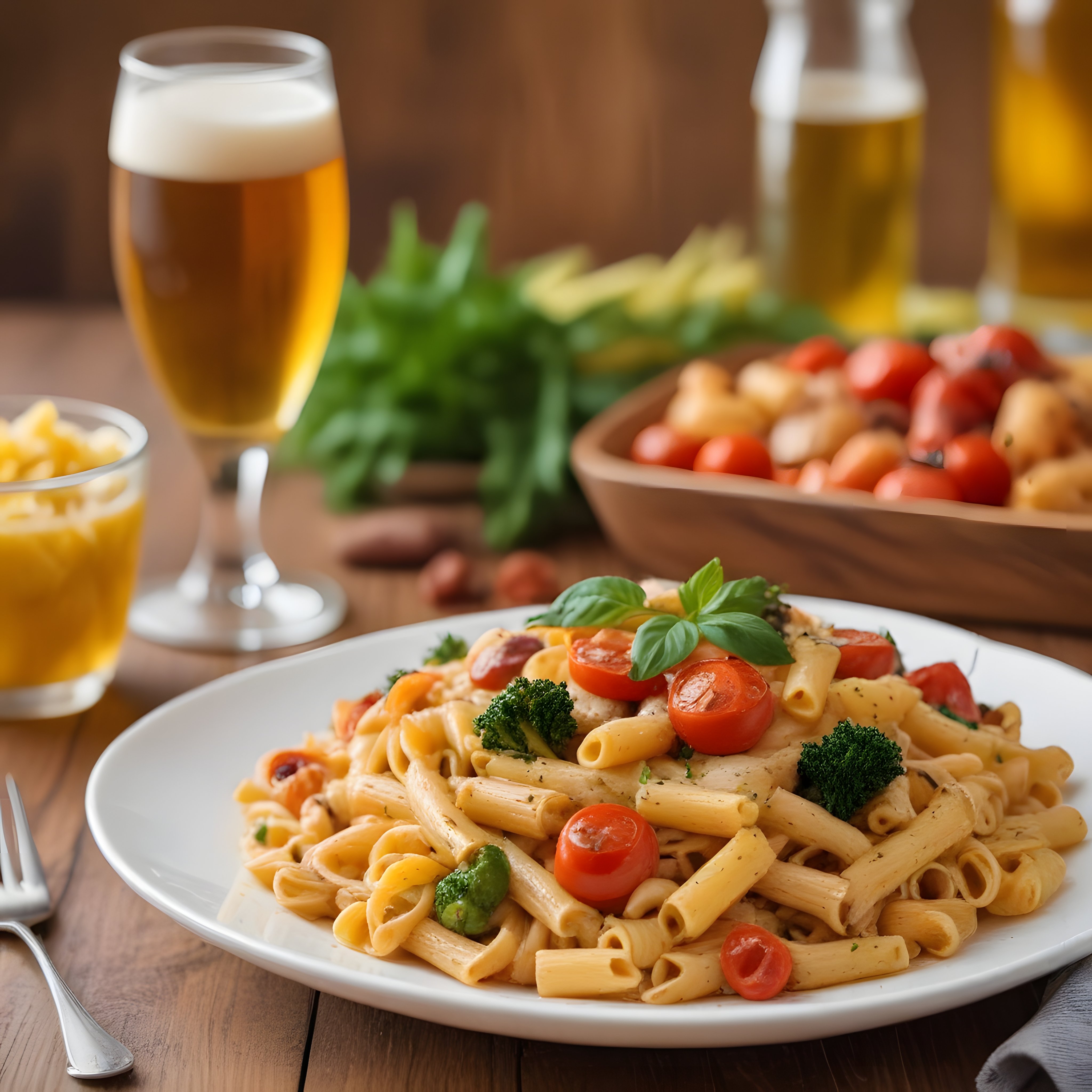 Ahşap Masada Sebzeli Penne Makarna ve Bira ile Sıcak Akşam Yemeği