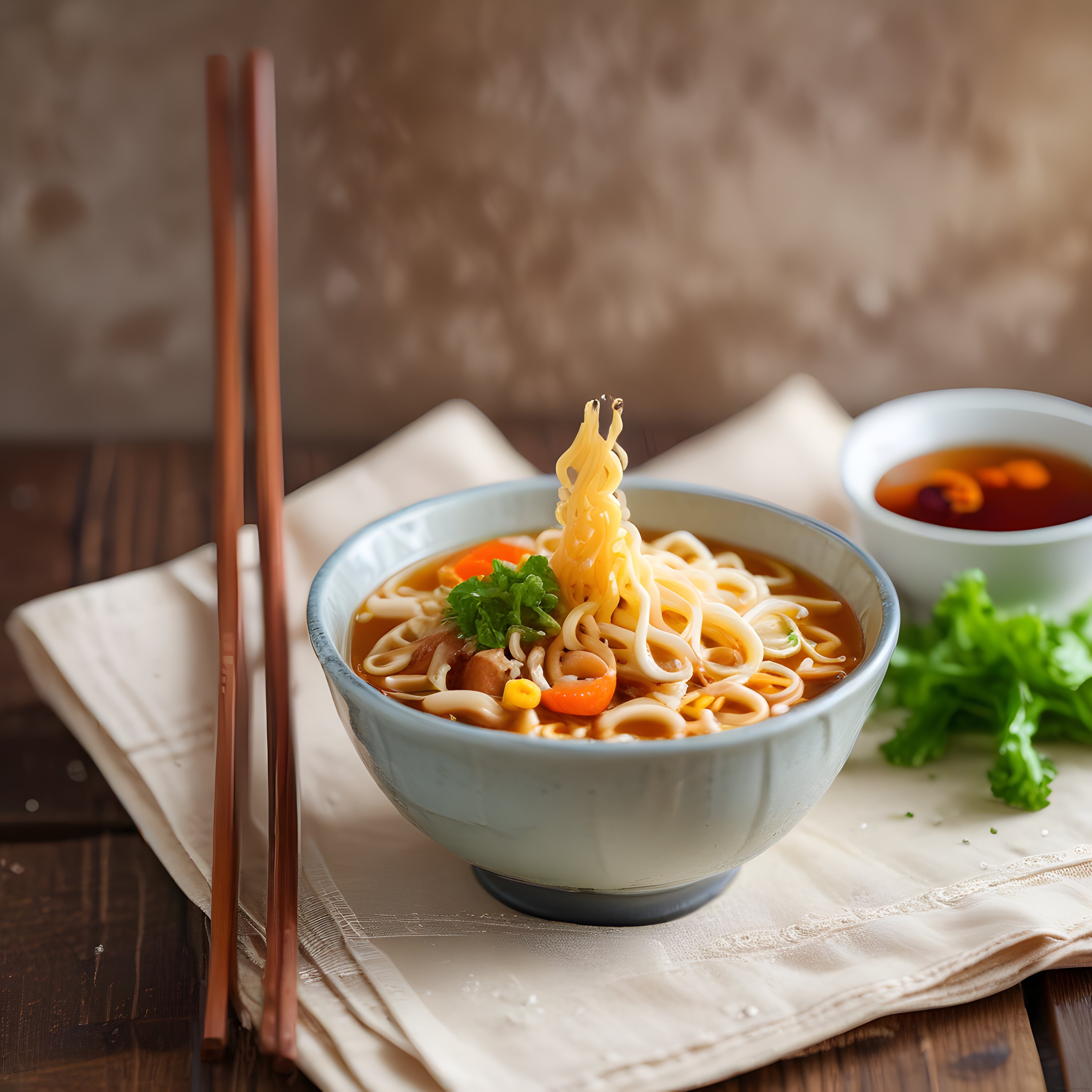 Ahşap Masada Seramik Kasede Sunulan Sıcak Noodle Çorbası ve Çubuklar