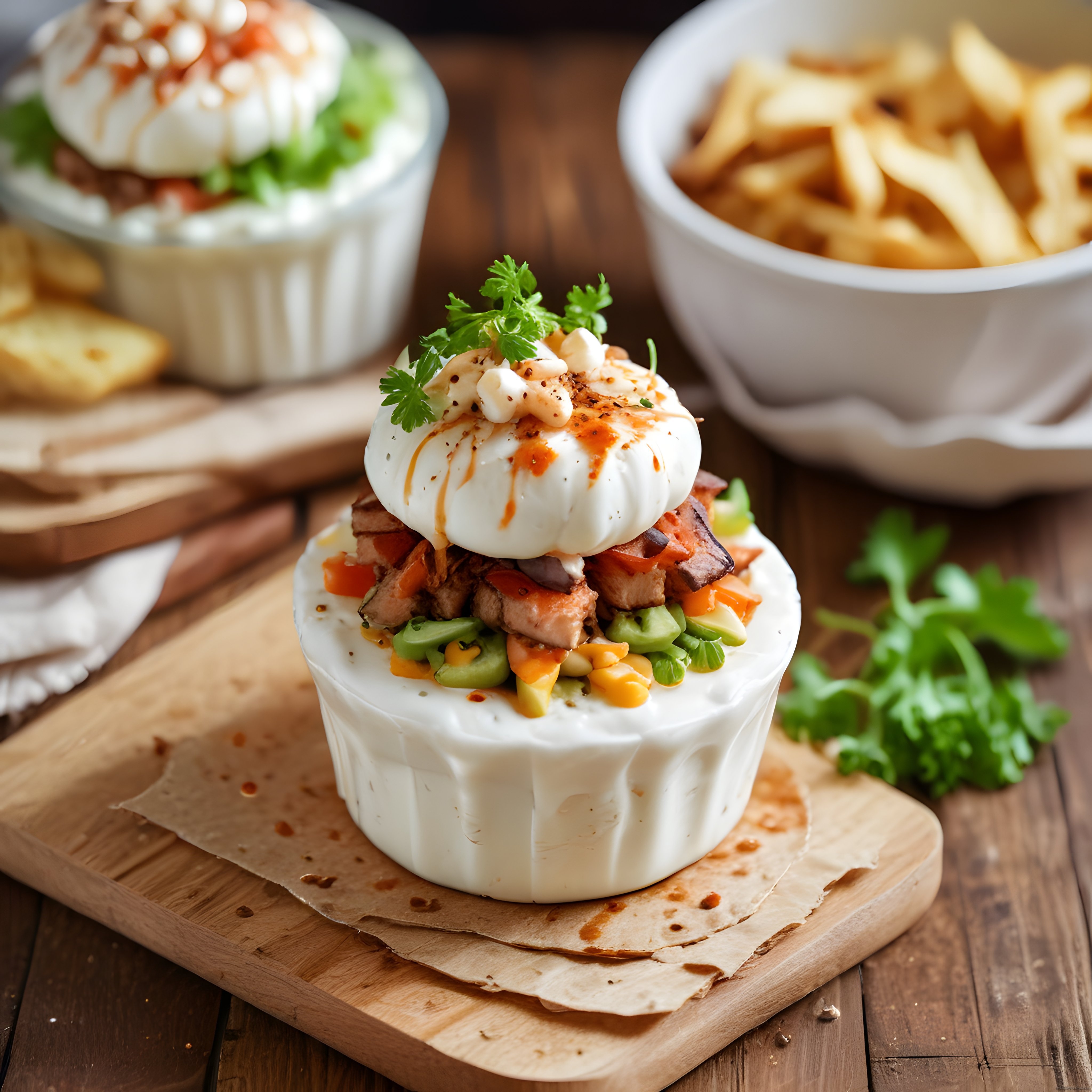 Ahşap Masada Servis Edilen Gurme Kase Yemek ve Patates Kızartması