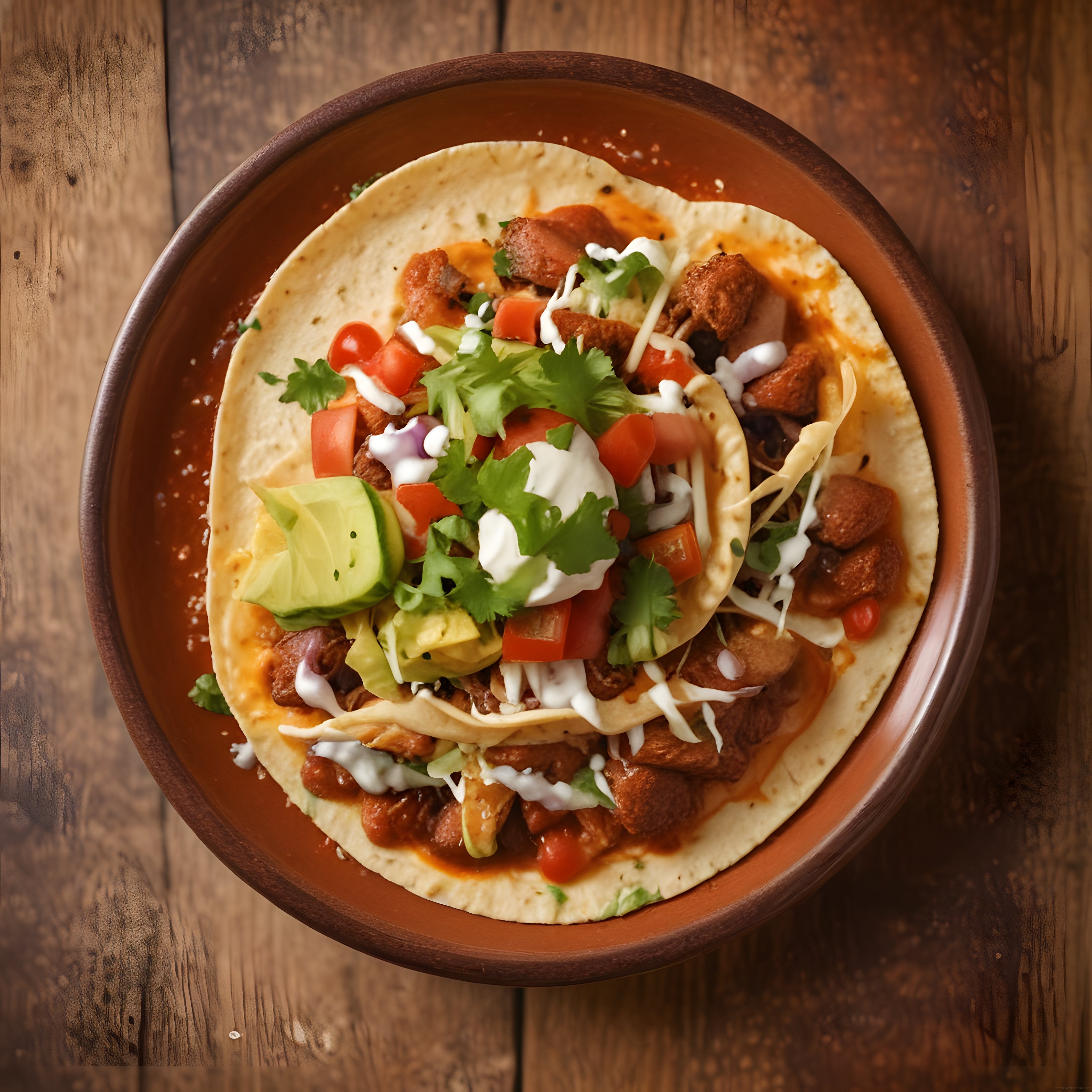 Ahşap masada servis edilen lezzetli dana etli Meksika tacos tabağı