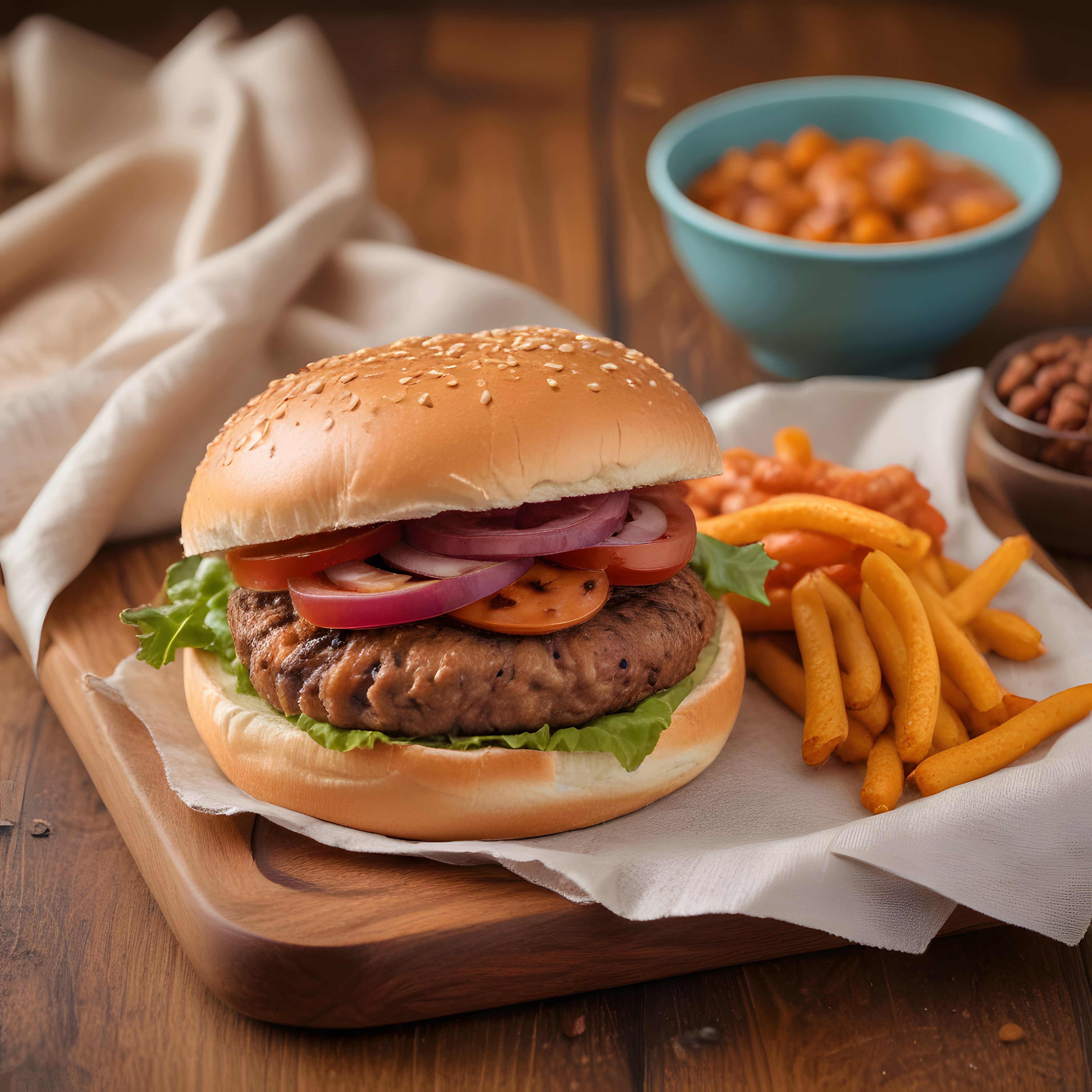 Ahşap Masada Sıcacık Barbekü Köfteli Hamburger ve Patates Kızartması