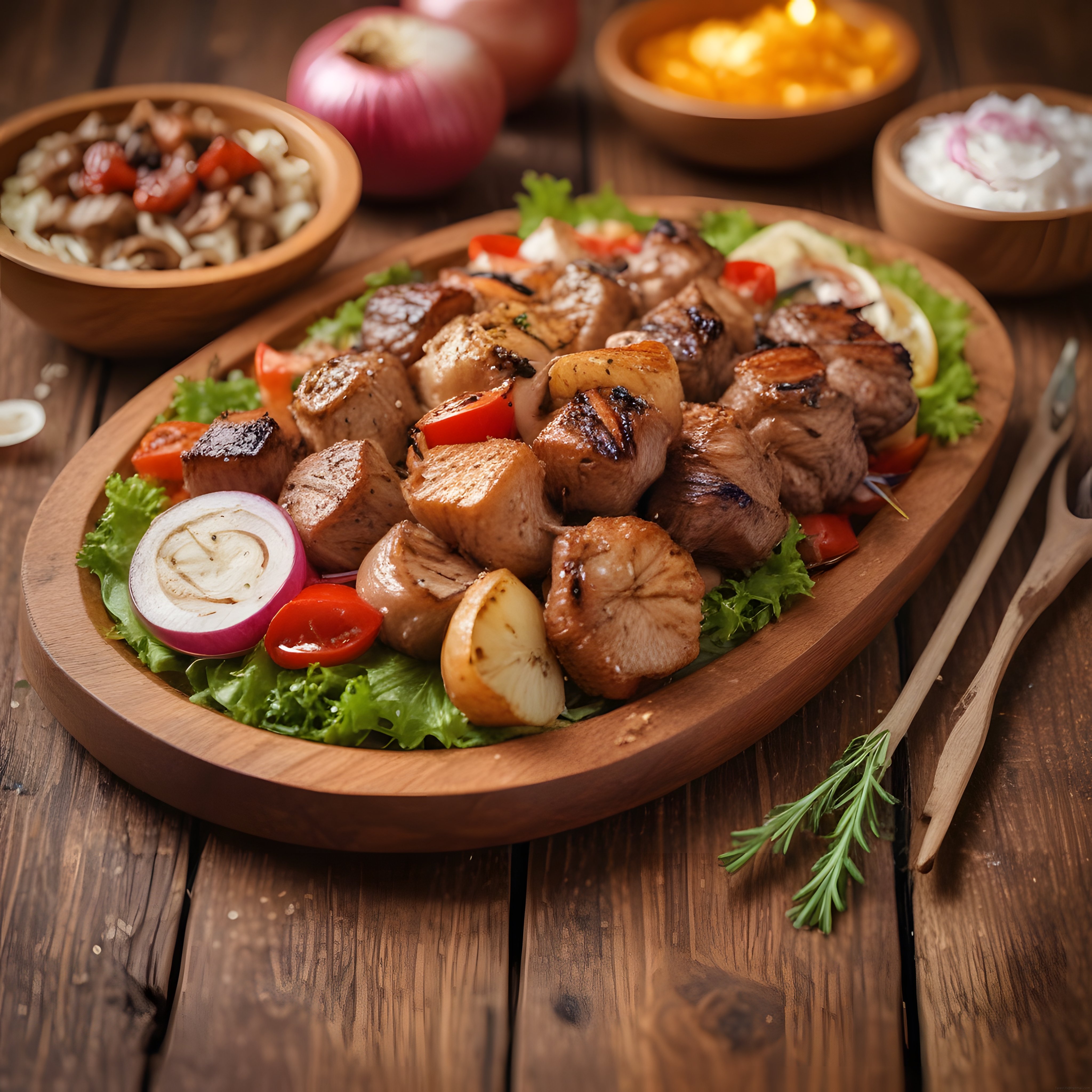 Ahşap Masada Sıcacık Izgara Şiş Kebap ve Taze Sebzelerle Süslenmiş Tabak