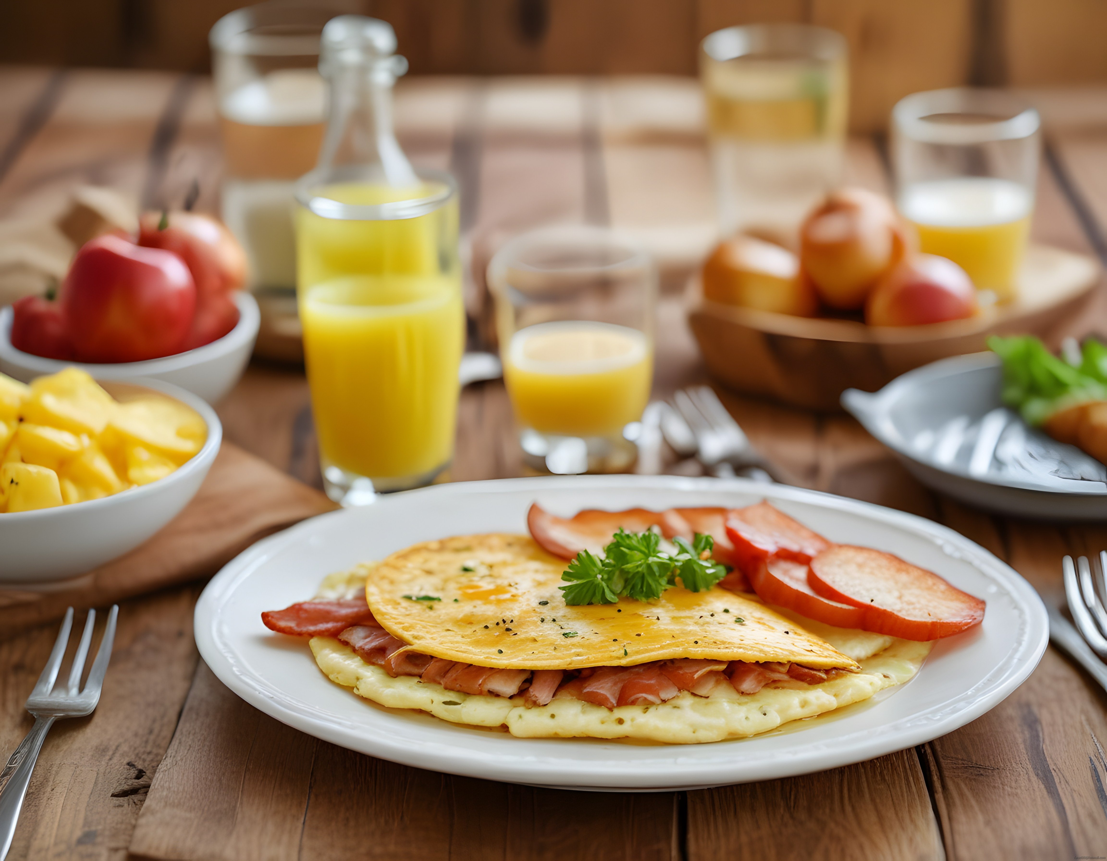 Ahşap Masada Sıcacık Kahvaltı Keyfi: Omlet, Domates ve Portakal Suyu