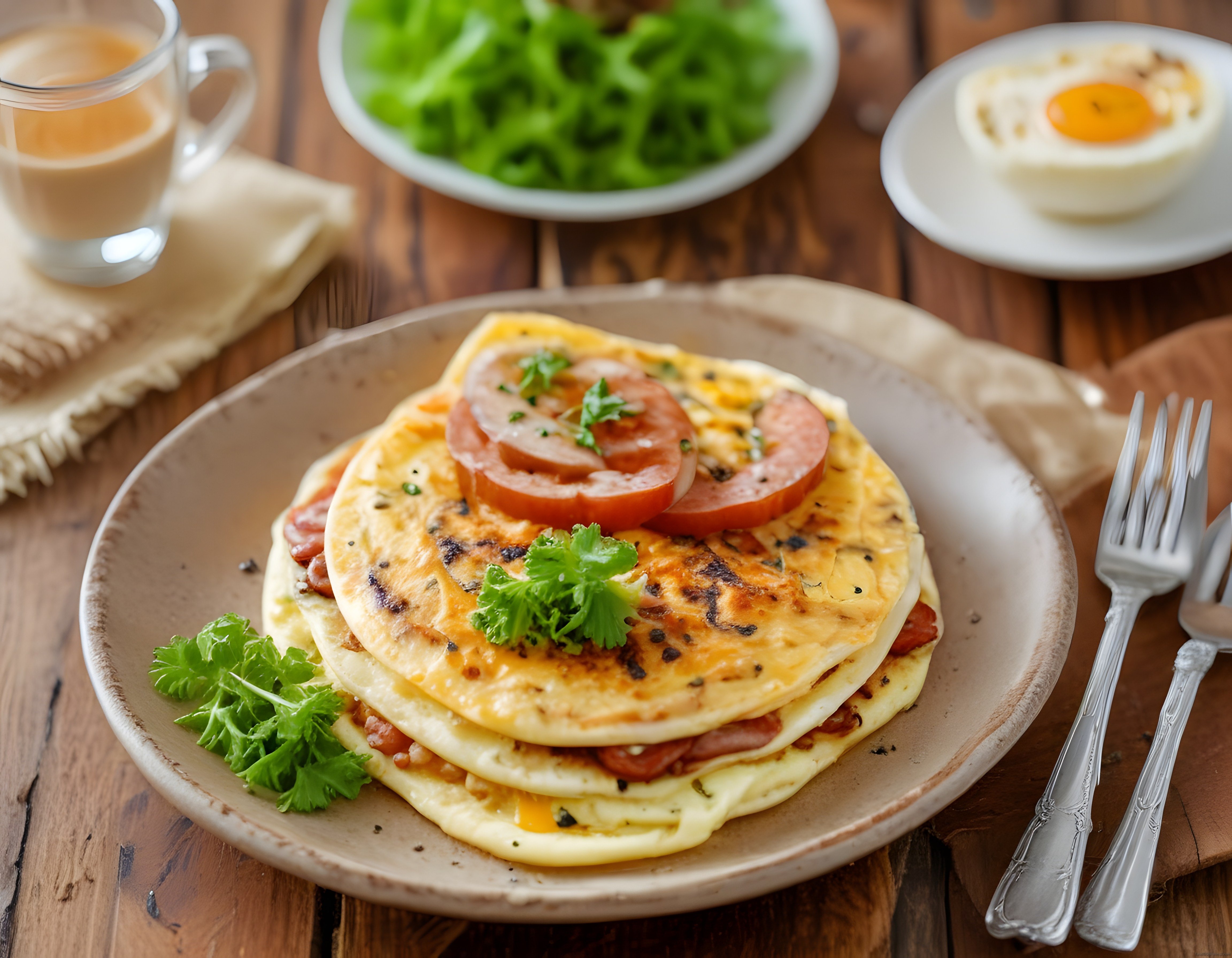 Ahşap Masada Sıcacık Kahvaltı Keyfi: Taze Yeşillikli ve Domatesli Omlet Tabağı