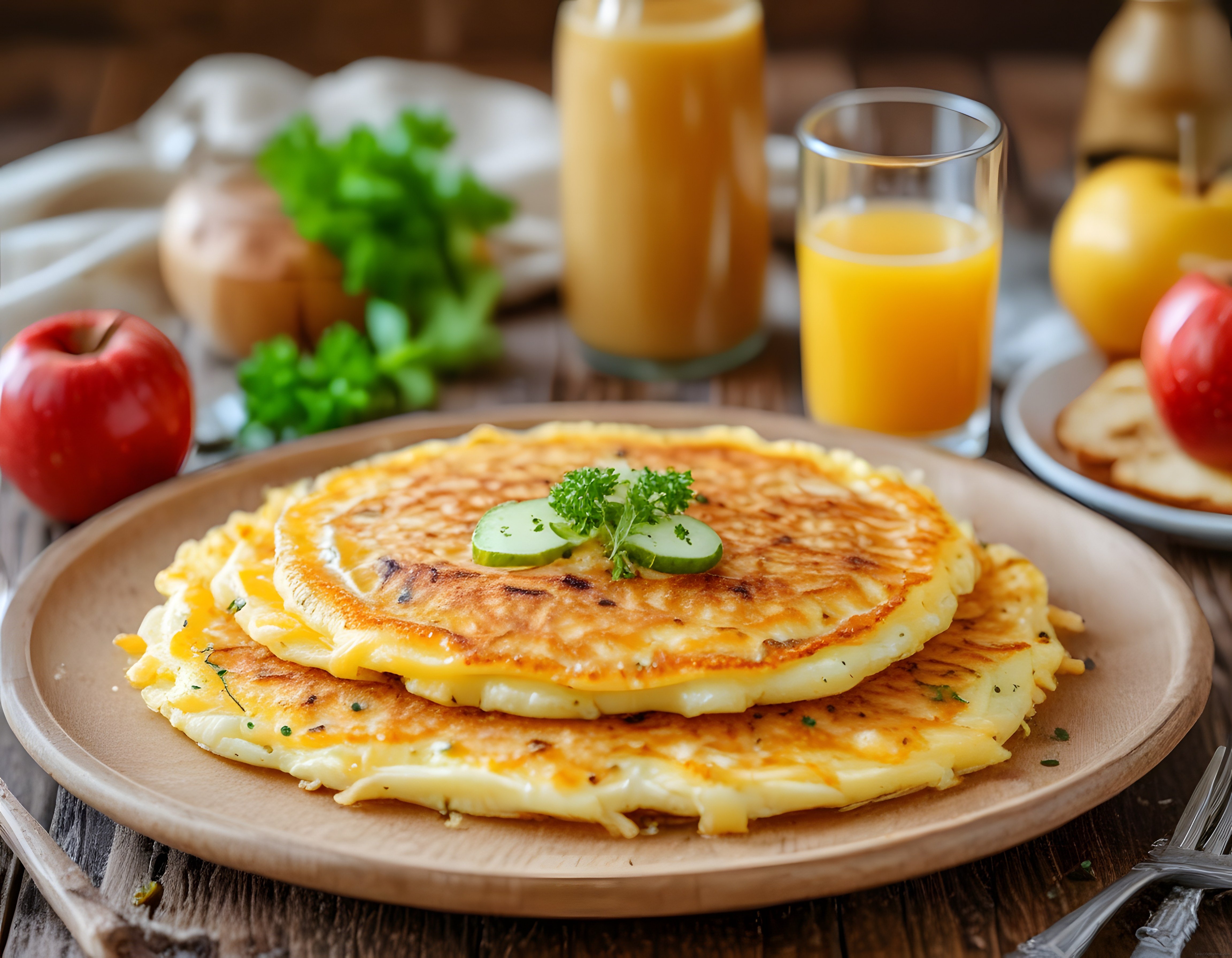 Ahşap Masada Sıcacık Kahvaltı: Peynirli Omlet ve Taze Portakal Suyu
