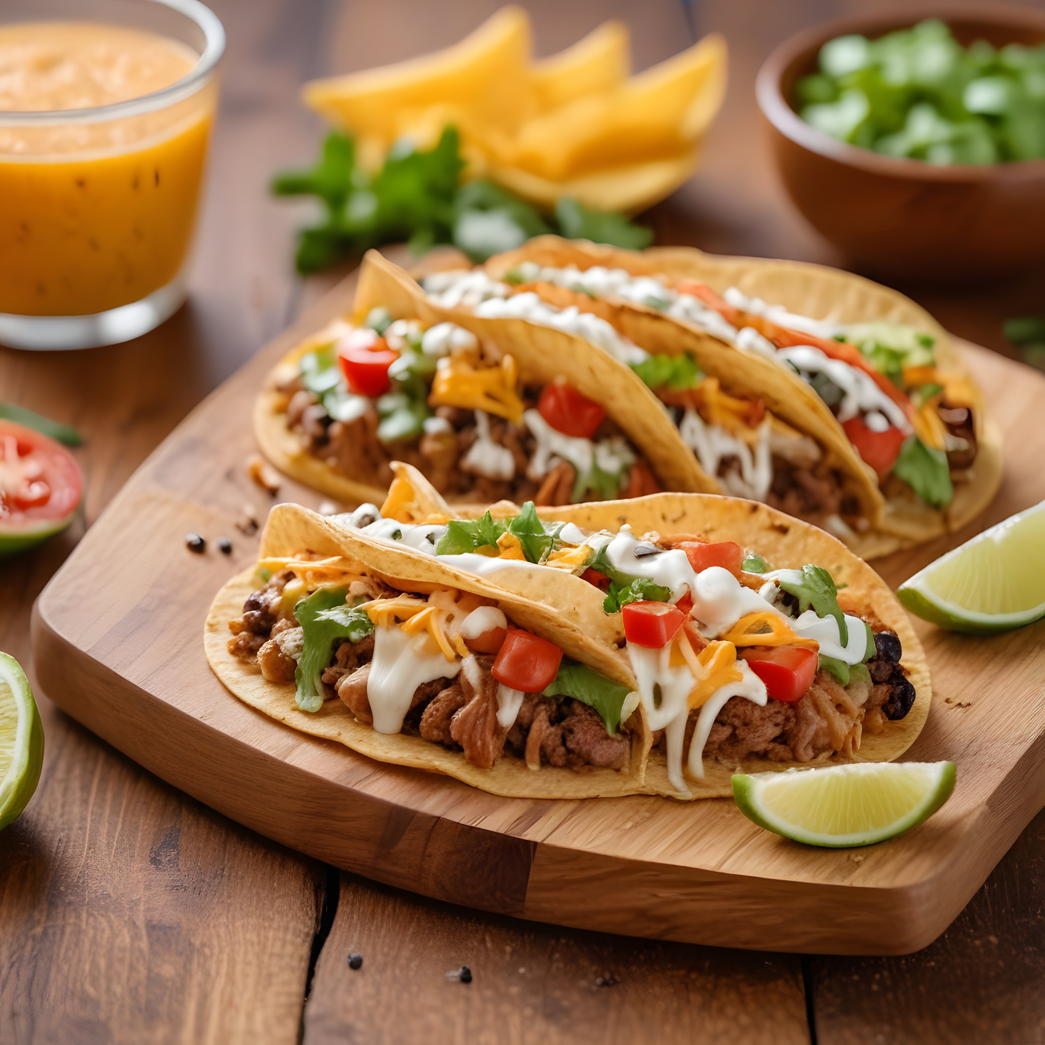 Ahşap Masada Sıcacık Meksika Taco'ları, Nacho Cips ve Salsa Sosu Eşliğinde Sunum