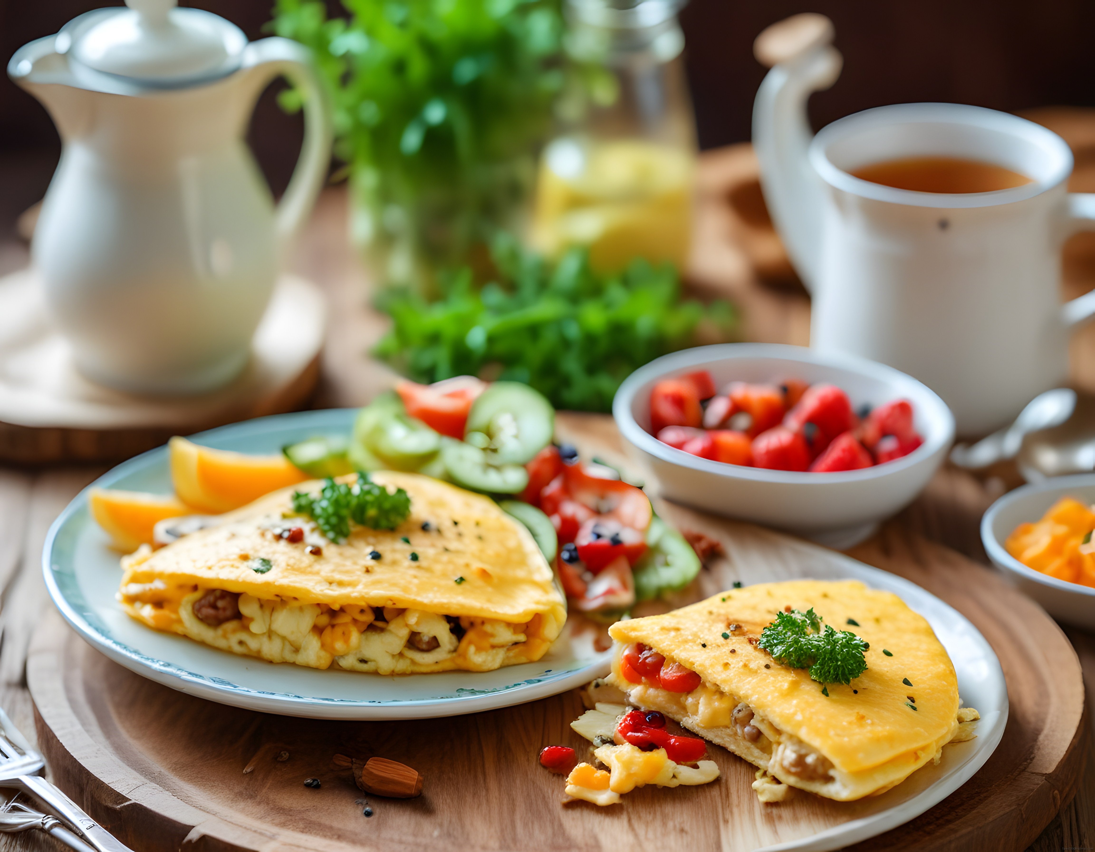 Ahşap Masada Sıcacık Omlet ve Taze Sebzelerle Egzotik Kahvaltı Keyfi