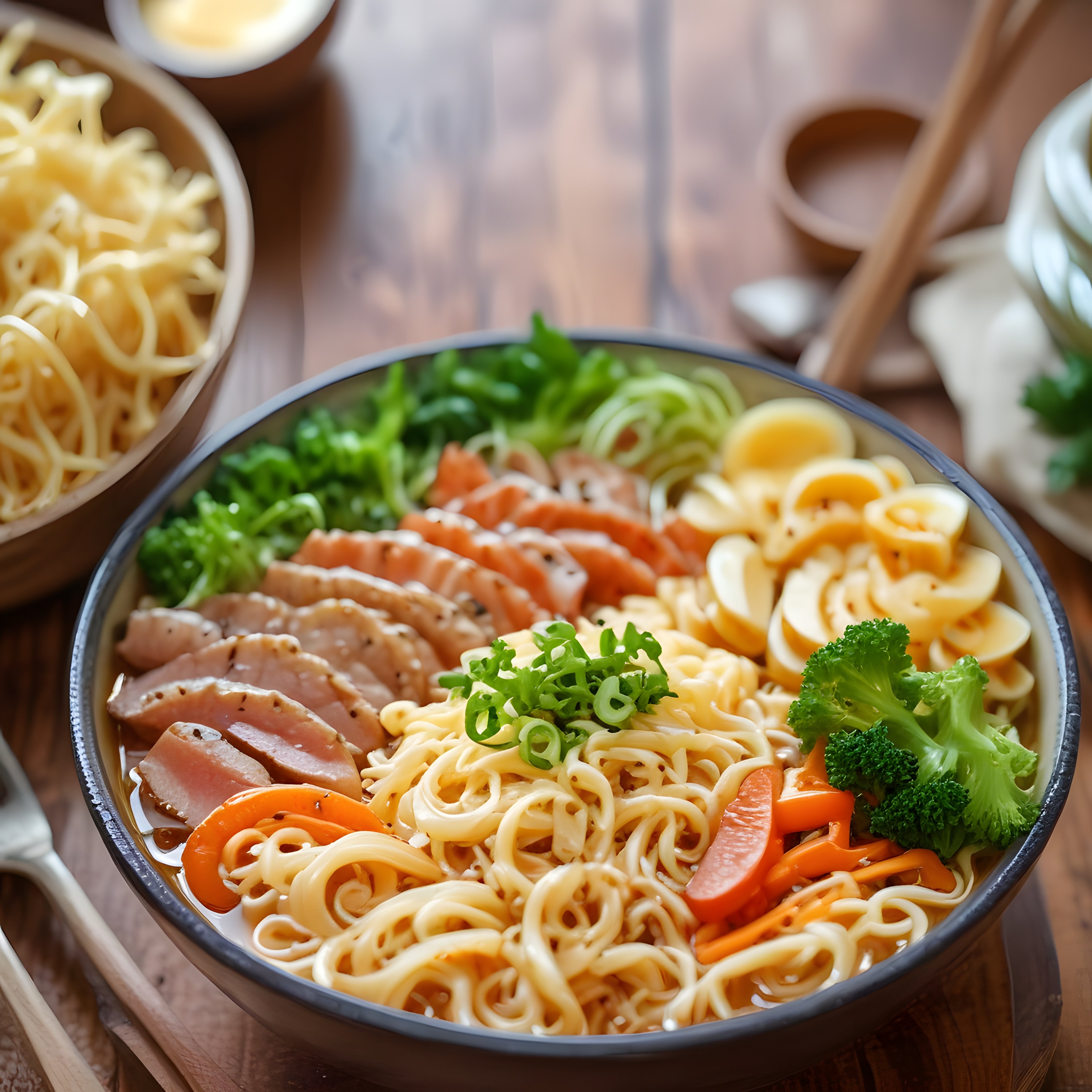Ahşap Masada Sıcacık Ramen: Et, Sebze ve Yumurtalı Besleyici Çorba