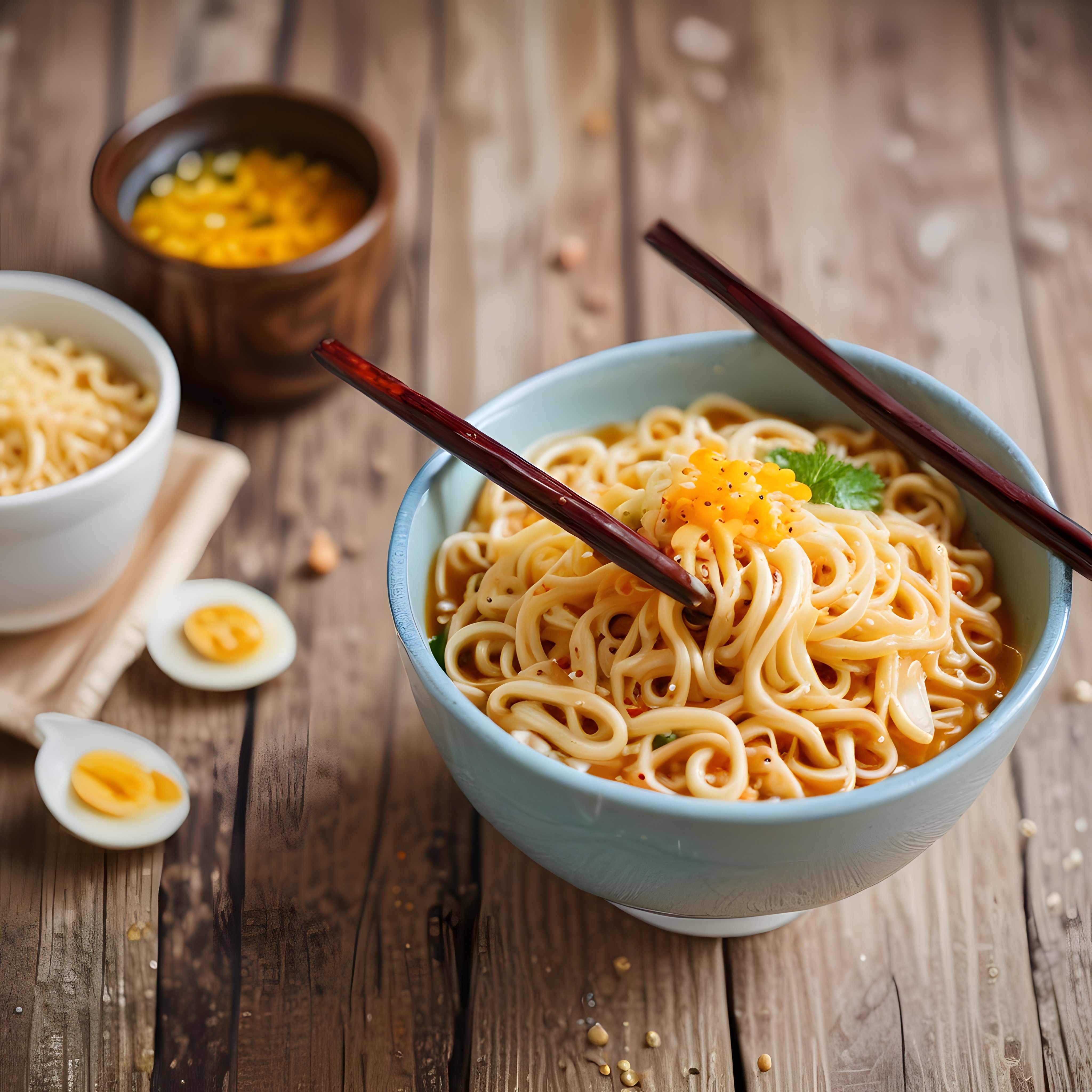 Ahşap Masada Sıcacık Ramen Kasesi, Yumurta ve Yemek Çubuklarıyla Rustik Sunum