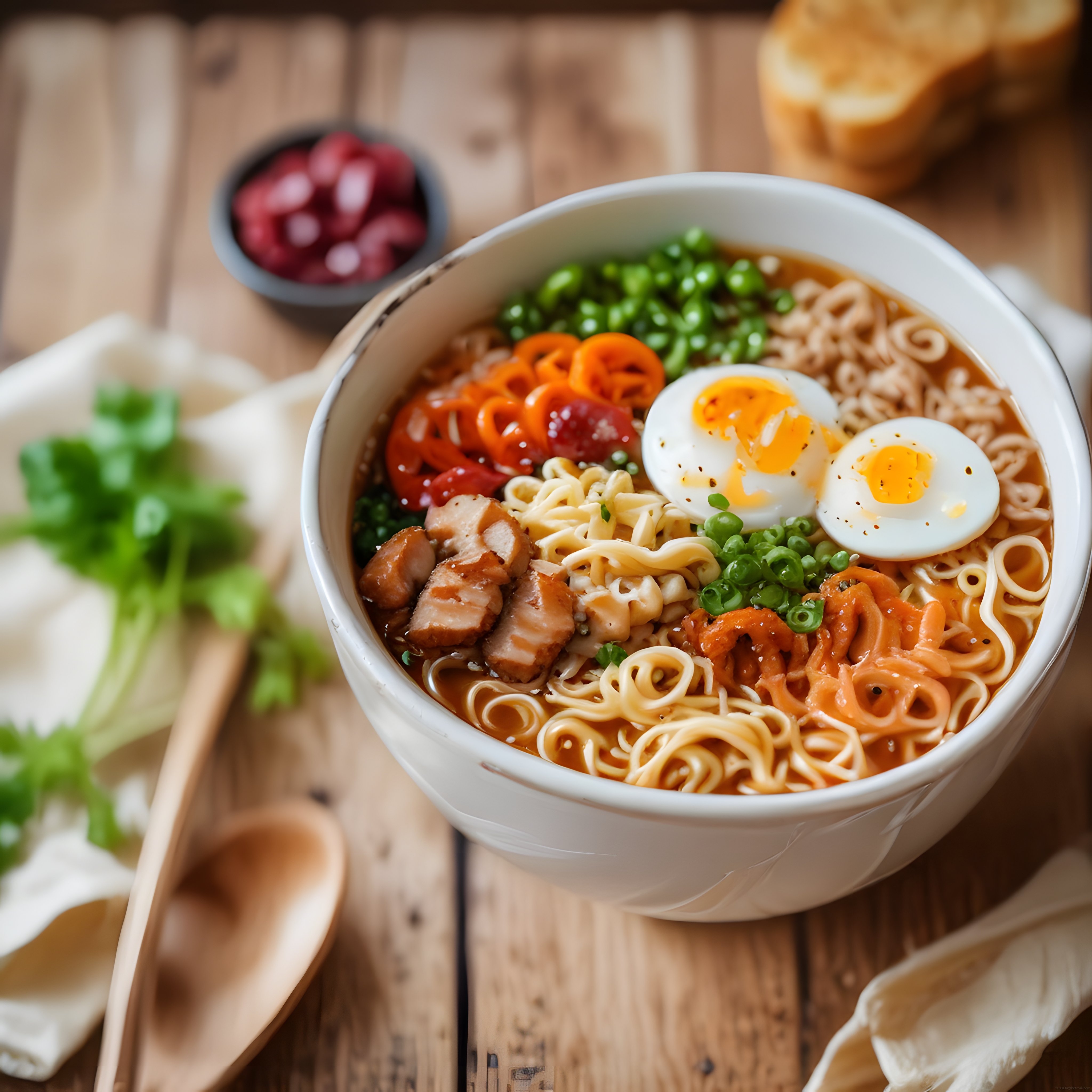 Ahşap Masada Sıcacık Ramen Kasesi, Yumurta ve Yeşil Soğanla Servis