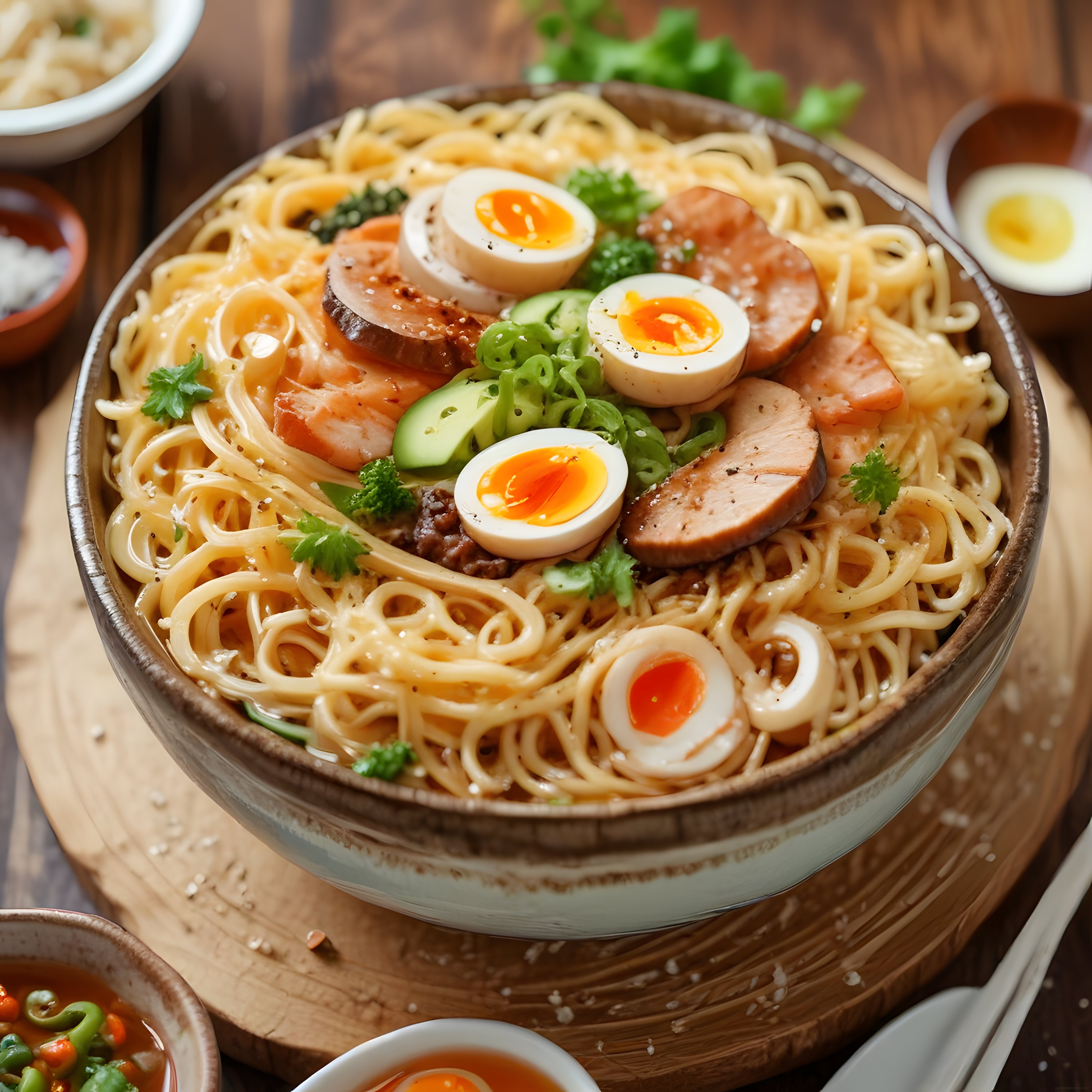 Ahşap Masada Sıcacık Ramen Kasesi: Yumurtalı ve Karidesli Asya Lezzeti