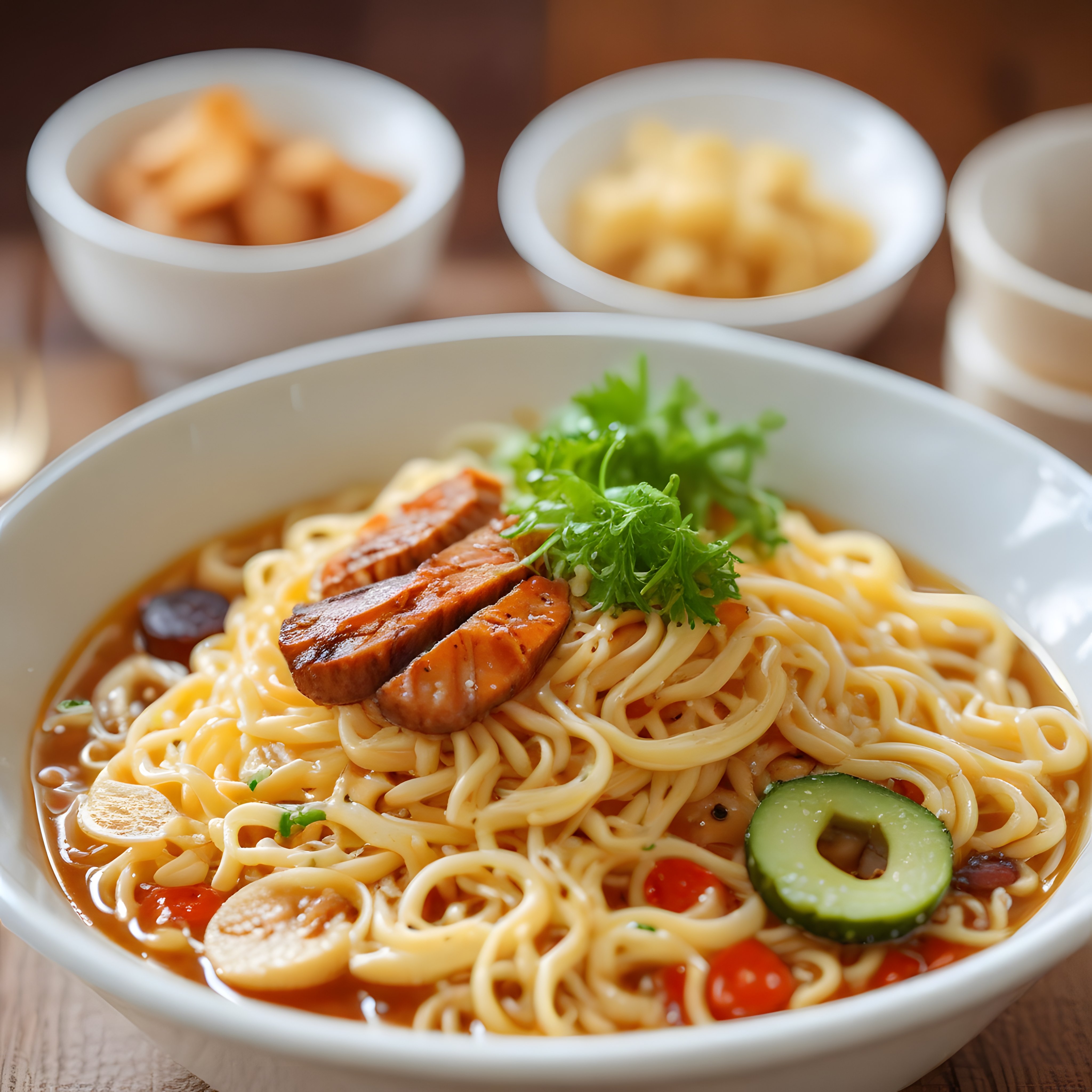 Ahşap Masada Sıcacık Sunum: Etli Sebzeli Noodle Çorbası ve Yan Malzemeler