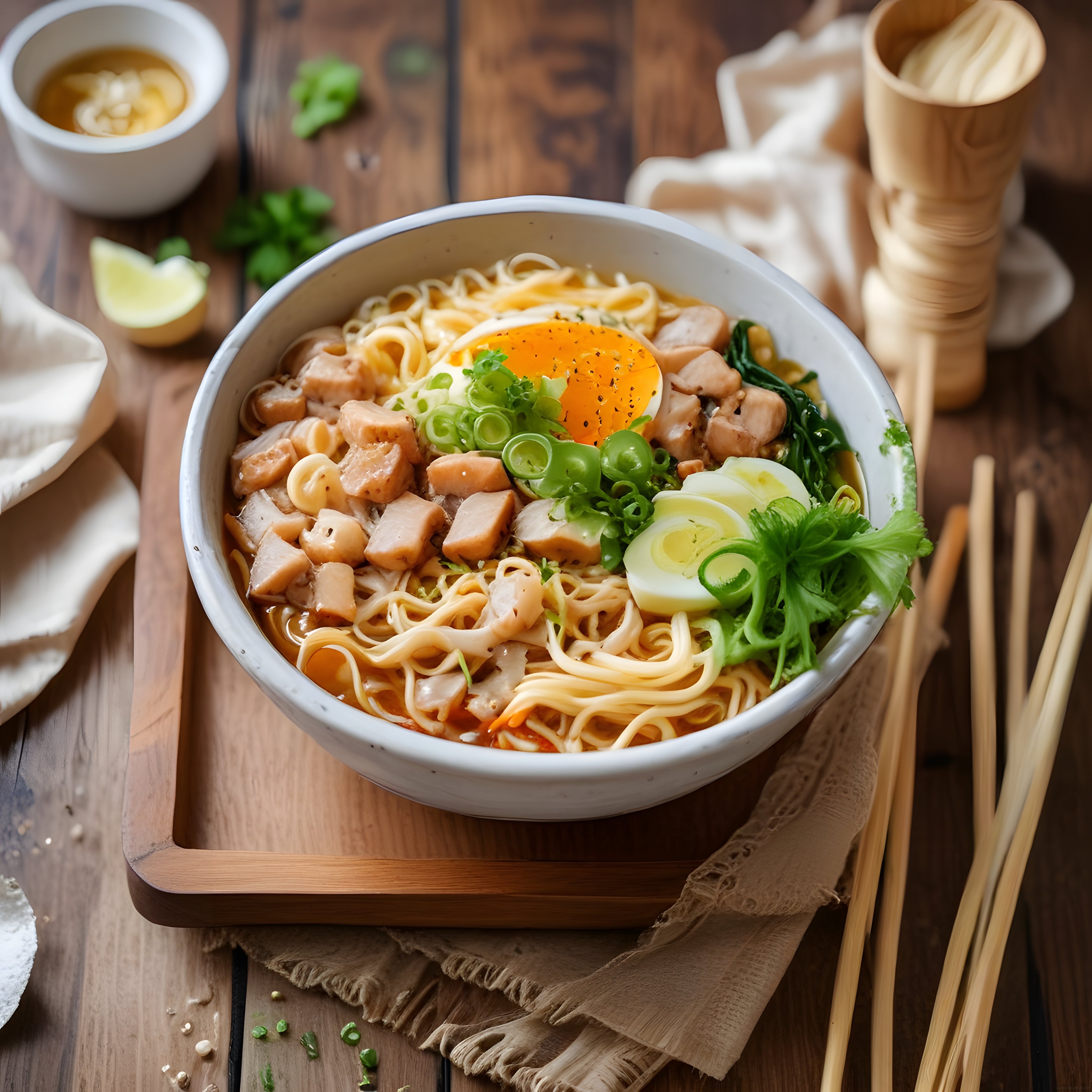 Ahşap Masada Sıcacık Tavuklu Ramen Kasesi ve Akışkan Yumurta Detayı