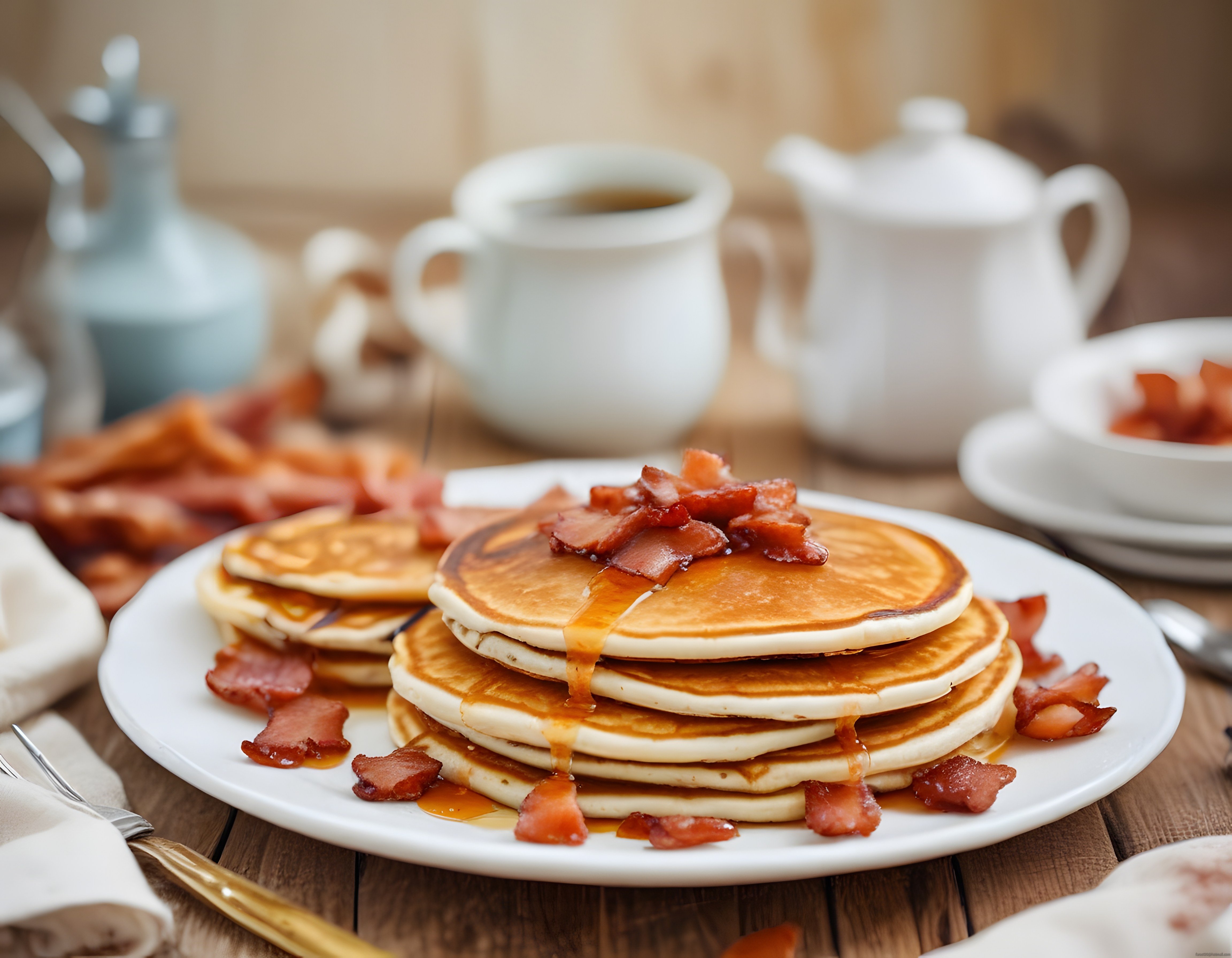 Ahşap Masada Sıcak Ballı ve Pastırmalı Yığılmış Pancake Kahvaltı Tabağı