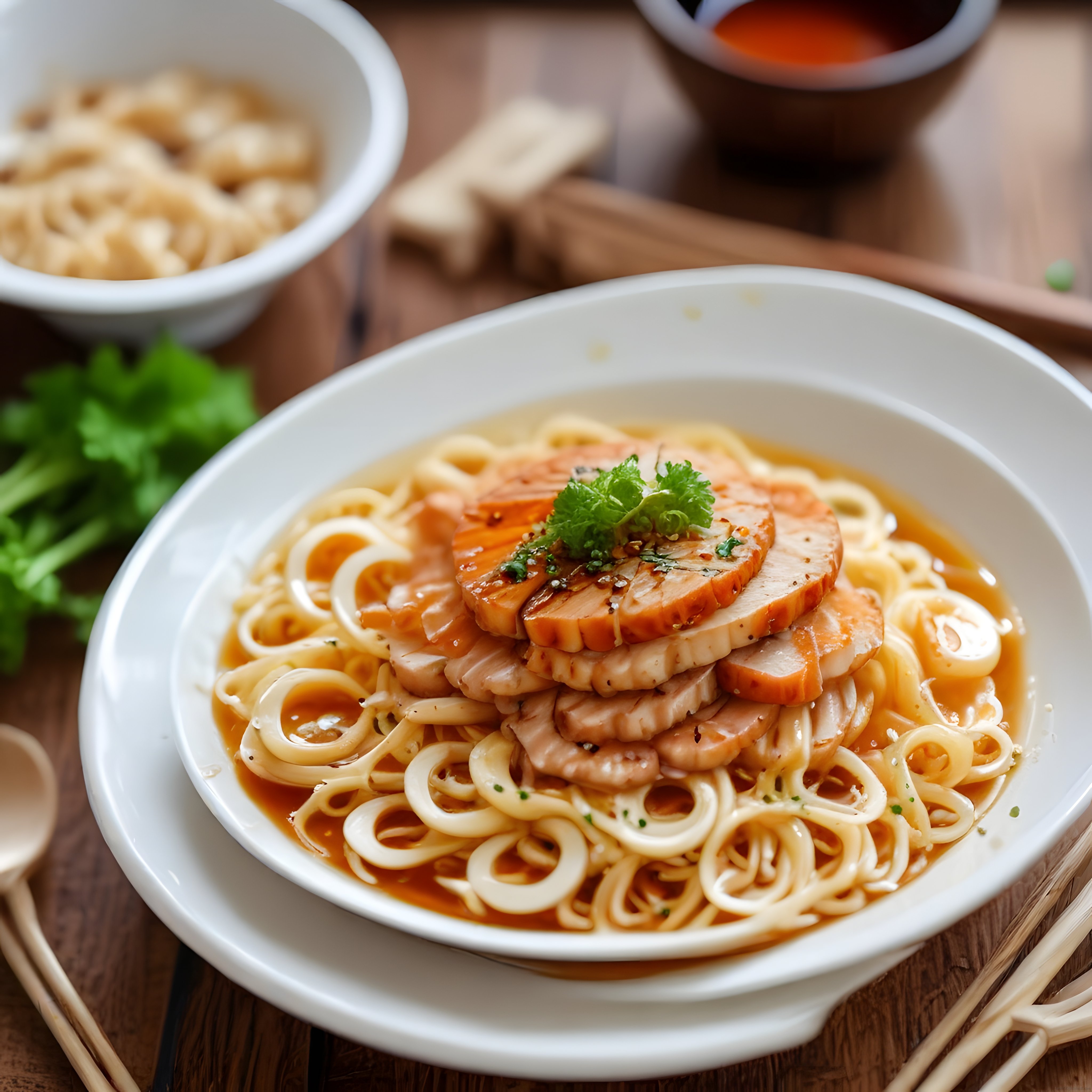 Ahşap Masada Sıcak Et Sulu Noodle: Taze Kişniş ve Baharatlı Asya Sunumu