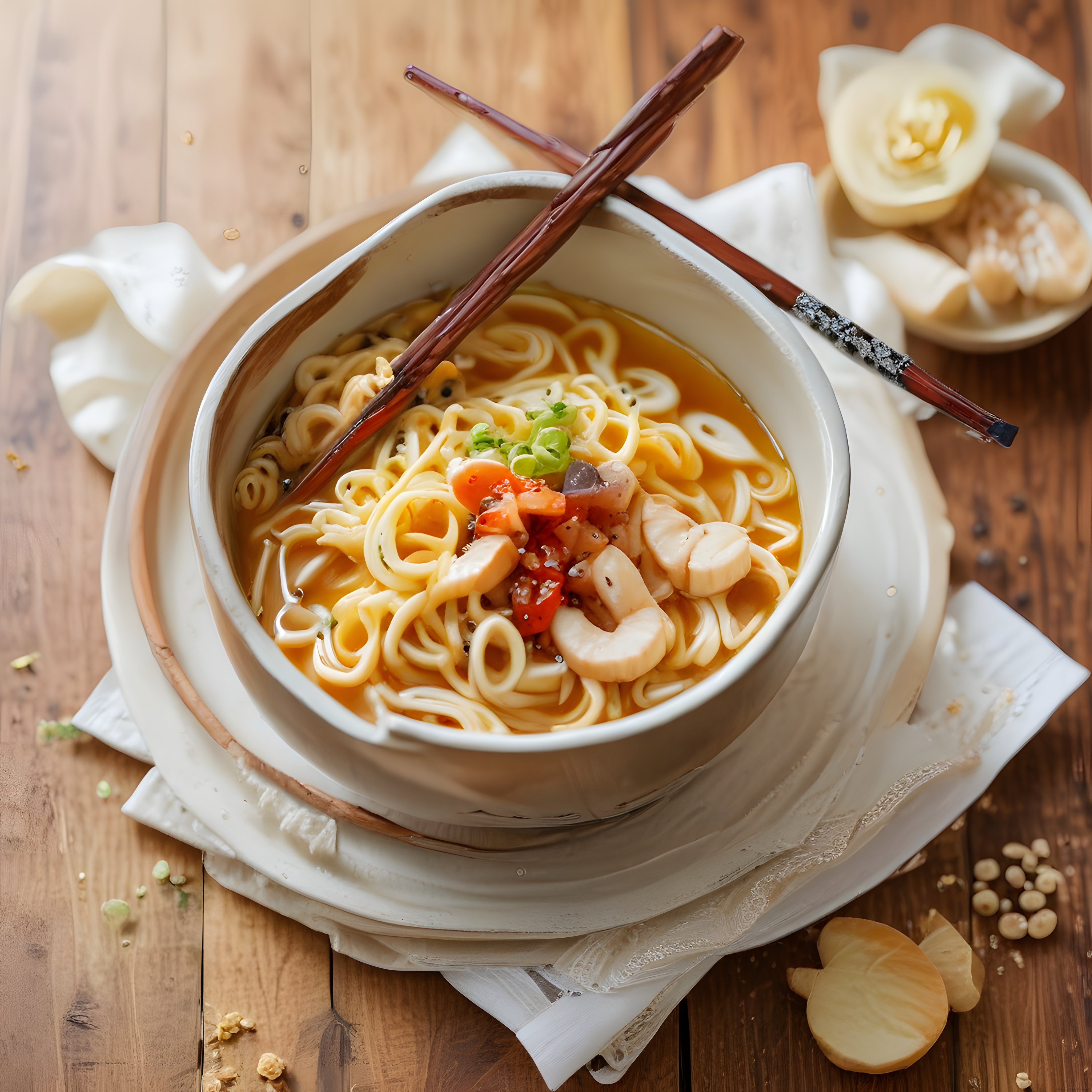 Ahşap Masada Sıcak Japon Ramen Çorbası ve Yumuşak Haşlanmış Yumurta