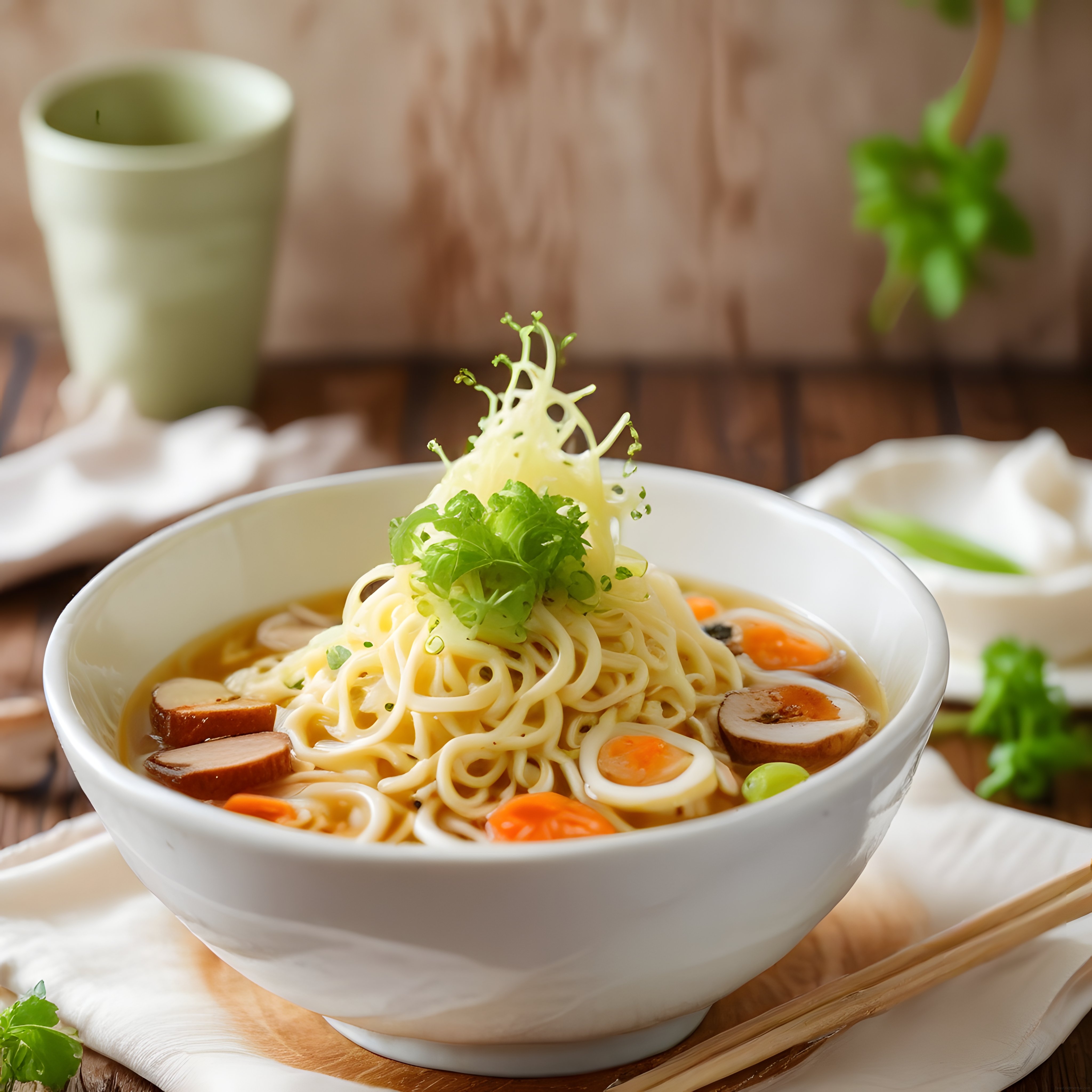 Ahşap Masada Sıcak Japon Ramen Kasesi, Sebzeli ve Yumurtalı Noodle Çorbası