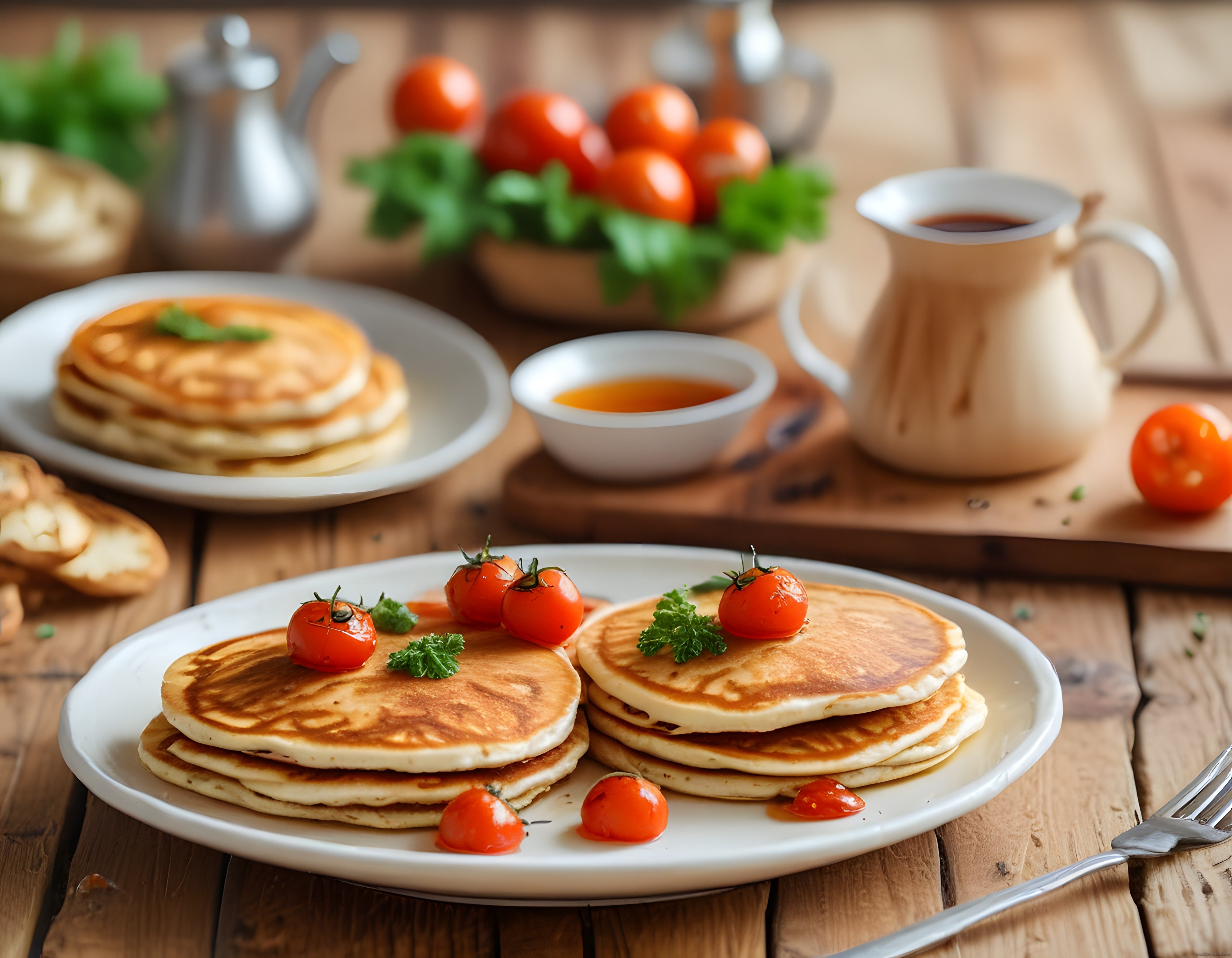 Ahşap Masada Sıcak Kahvaltı: Domatesli Pancake ve Kahvaltı Sunumu