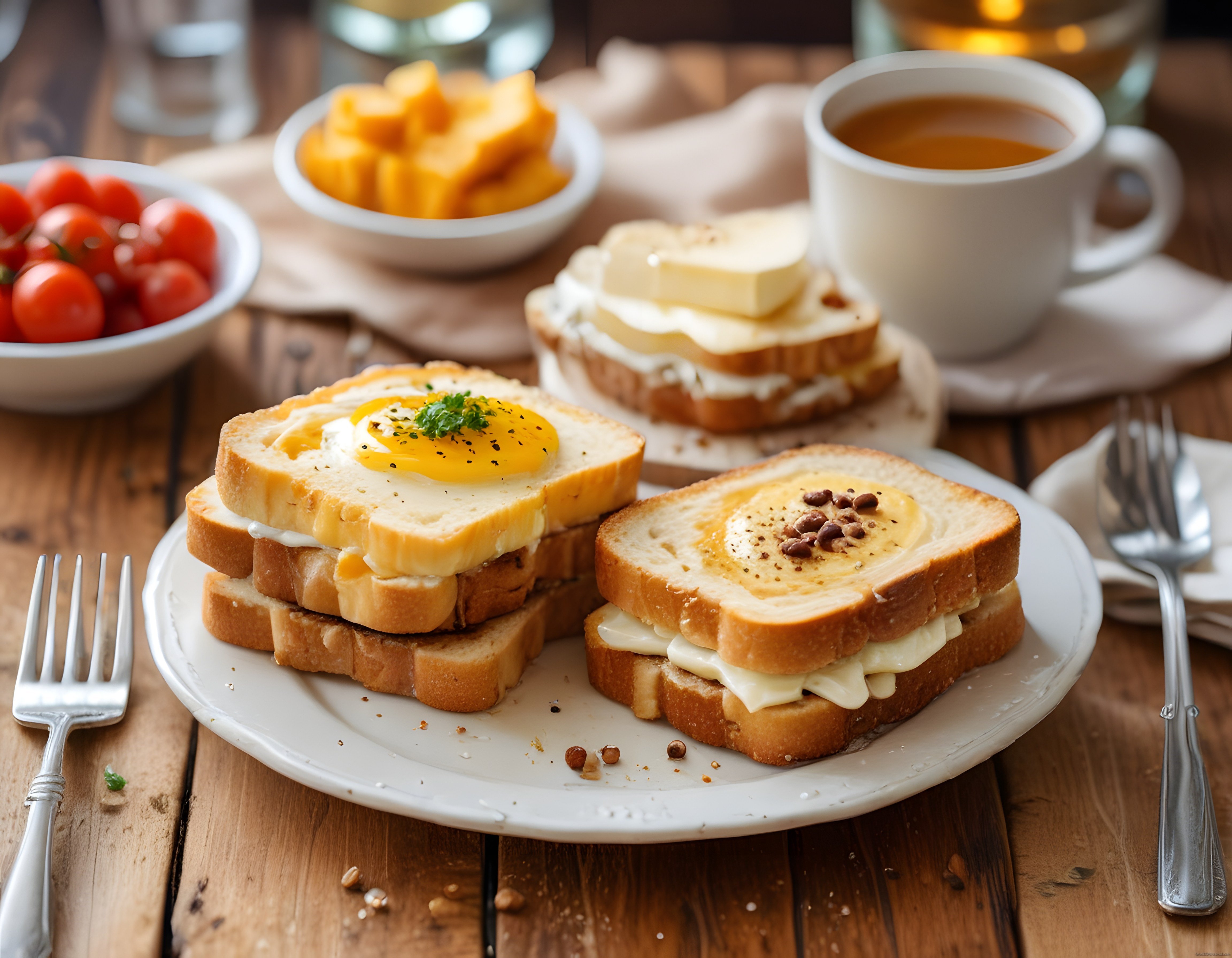 Ahşap Masada Sıcak Kahvaltı Keyfi: Tost, Yumurta ve Çay ile Güne Merhaba