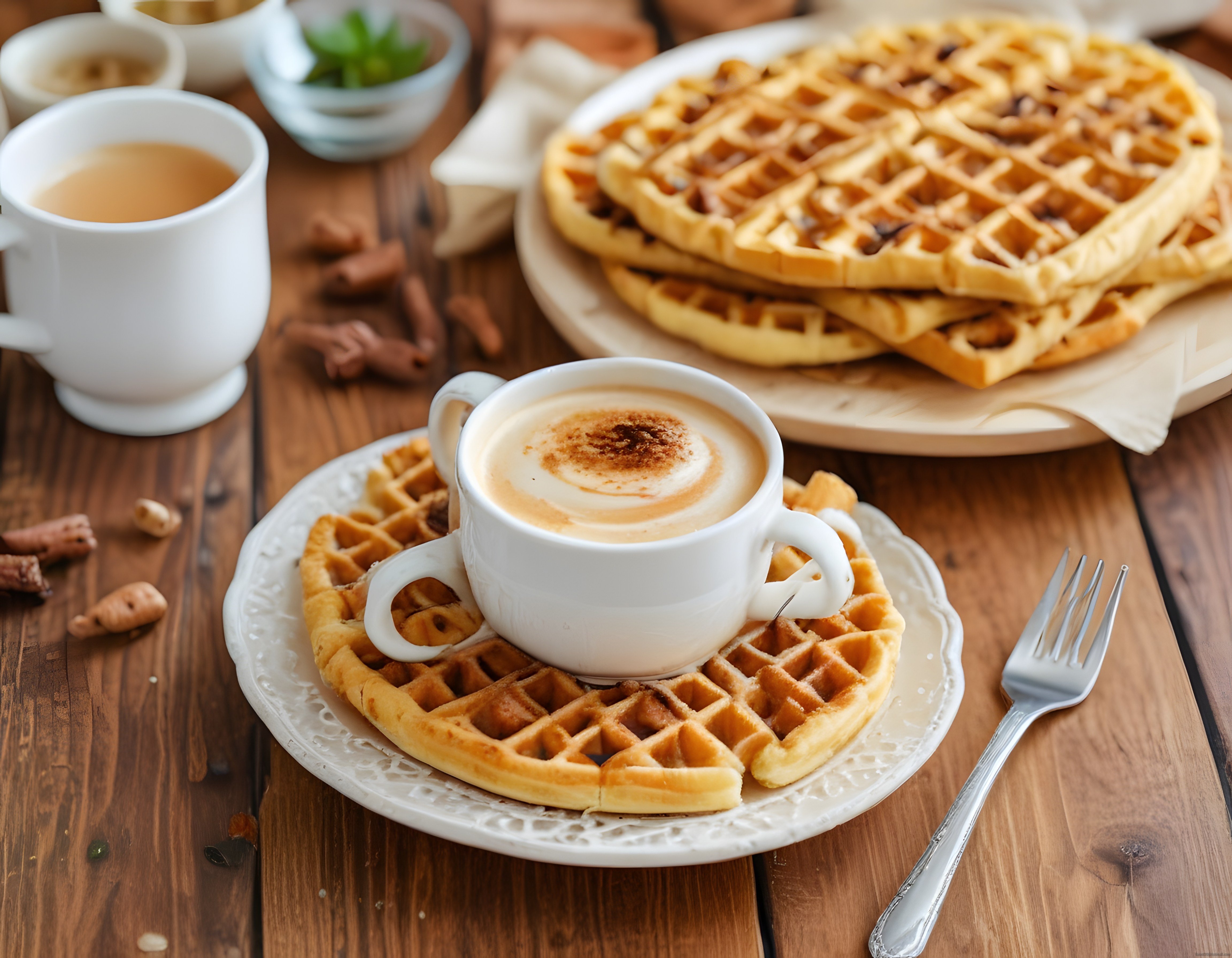 Ahşap Masada Sıcak Kahvaltı: Taze Waffle ve Tarçınlı Sütlü Kahve