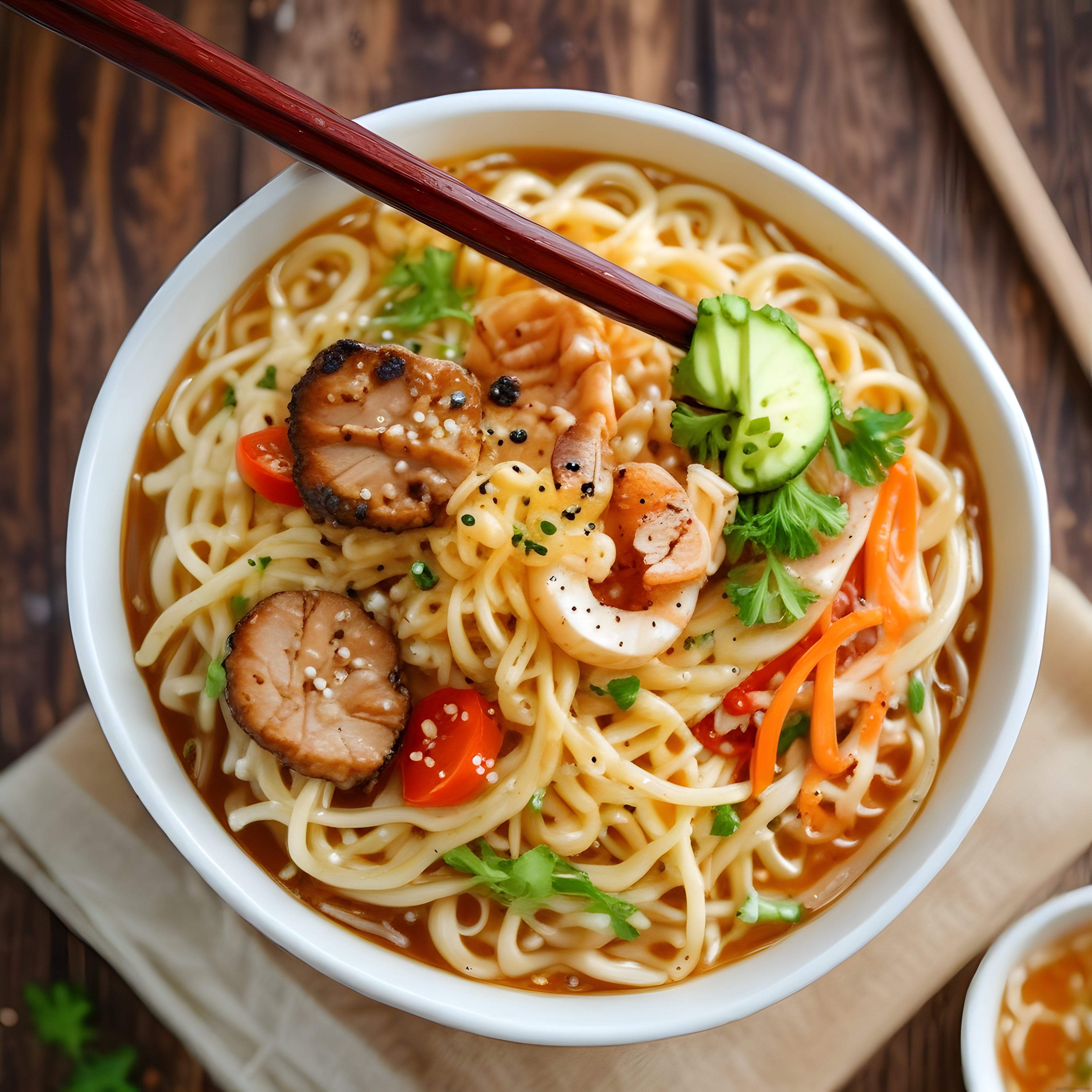 Ahşap Masada Sıcak Noodle Çorbası: Sebzeli Etli Ramen Kase Sunumu